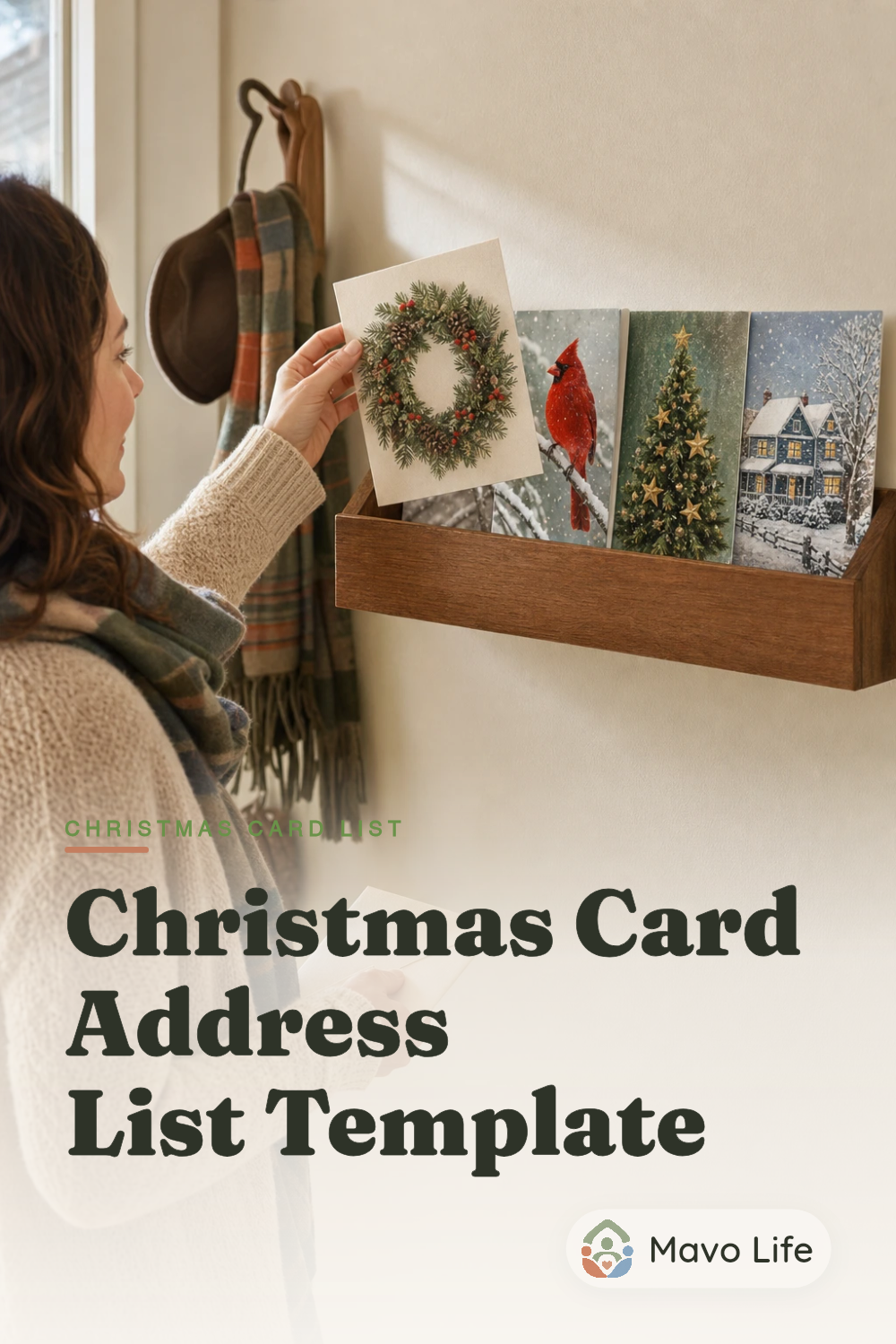 An adult lifts a wreath Christmas card from a wooden wall pocket holding three other holiday cards. The image reads Christmas Card Address List Template.
