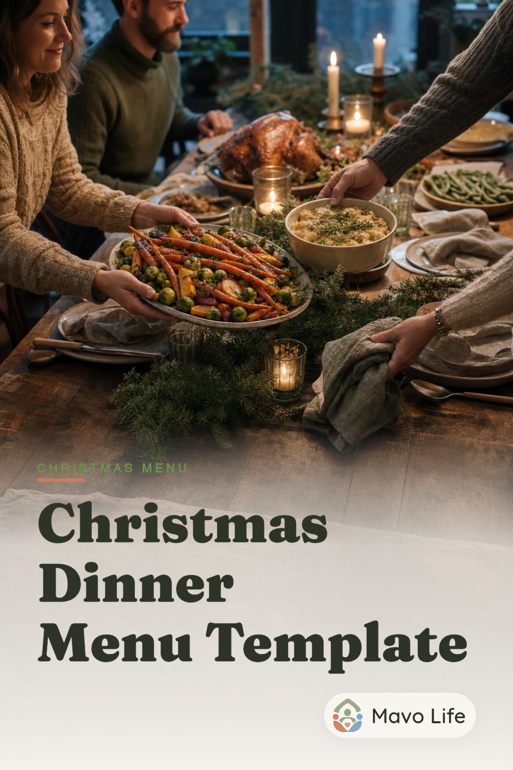 Christmas dinner table with several family-contributed dishes and the words Our Christmas menu, together