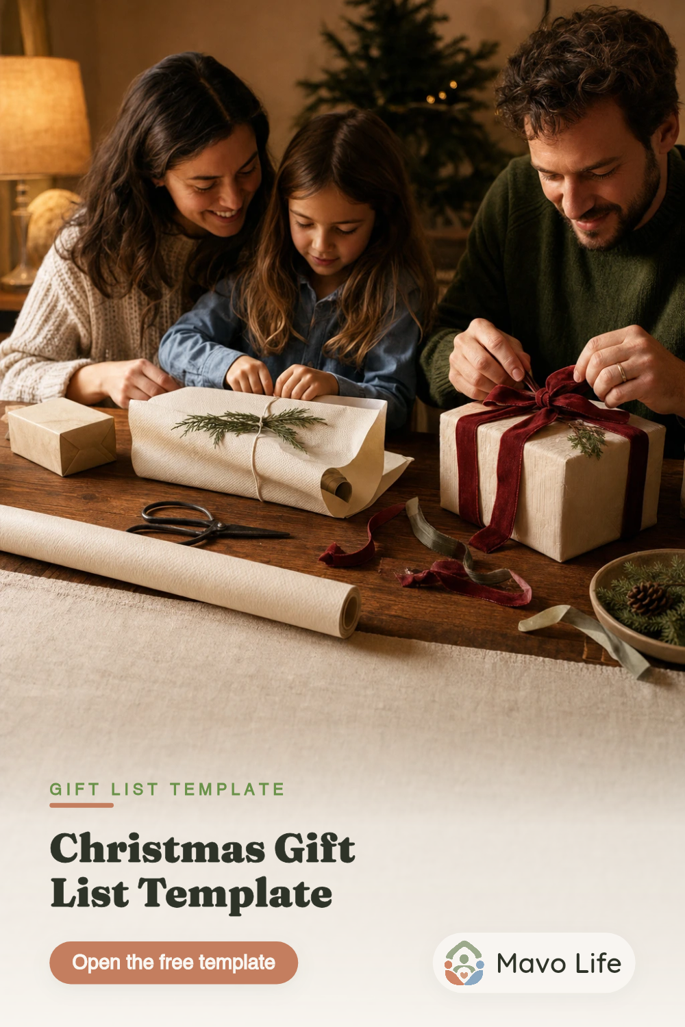 Adult hands tie ribbon on a finished Christmas present beside an unopened parcel and a partly wrapped gift. The image reads Christmas Gift List Template.
