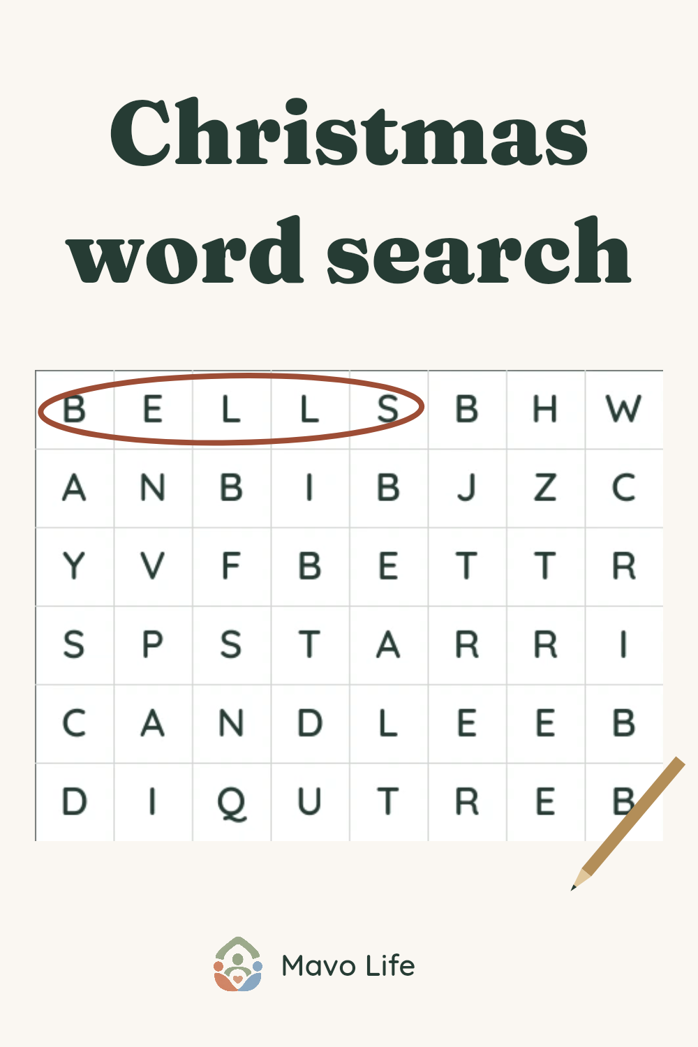 Christmas word search closeup from the real easy puzzle, with BELLS circled and a pencil beside it.