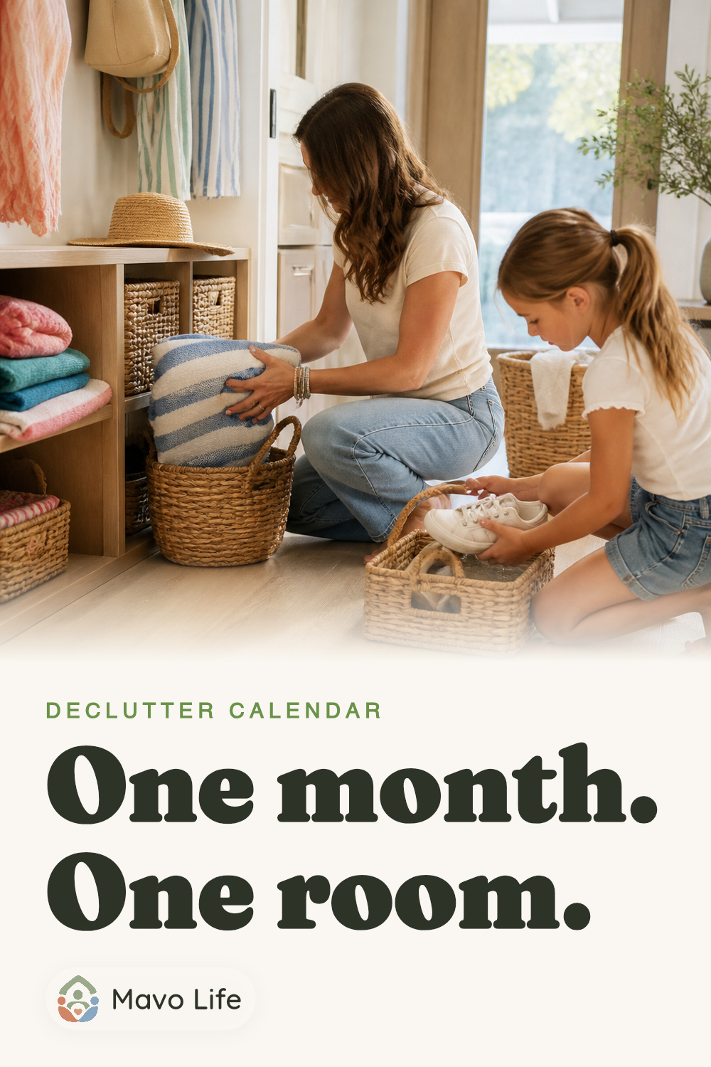 A parent places a folded beach towel into a hallway cubby while a child adds one loose shoe to the matching basket. The image reads One month. One room.