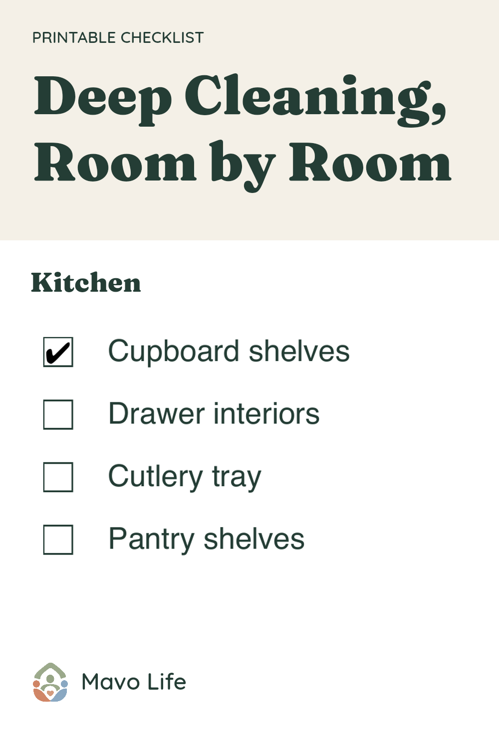 A close view of a fictional kitchen checklist with Cupboard shelves checked and three other jobs waiting. The heading reads Deep Cleaning, Room by Room.