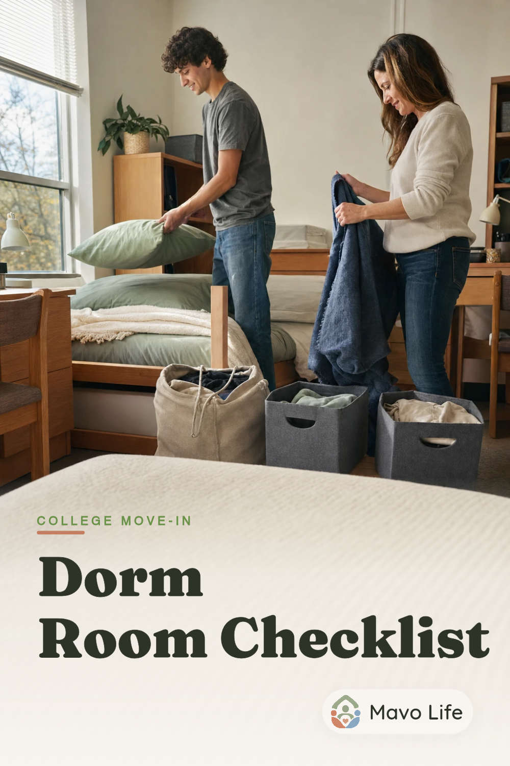 A student places a pillow on a narrow bed while a parent folds a blanket in a shared dorm room. The image reads Dorm Room Checklist.