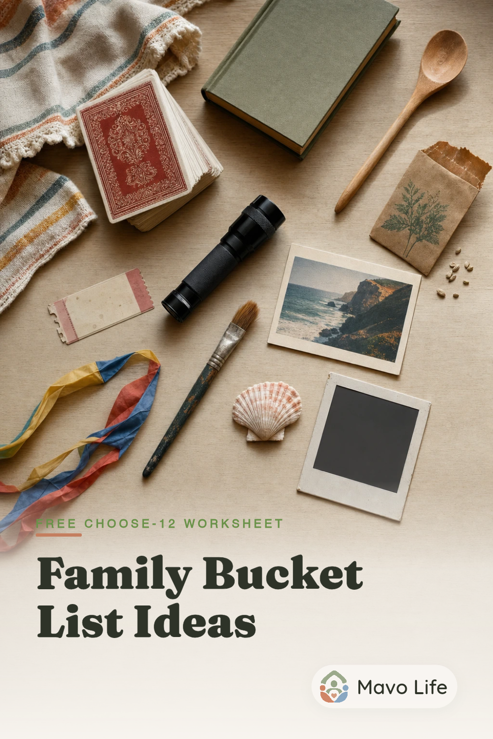 Twelve colorful objects from ordinary family activities appear above the words Free choose-12 worksheet and Family Bucket List Ideas.