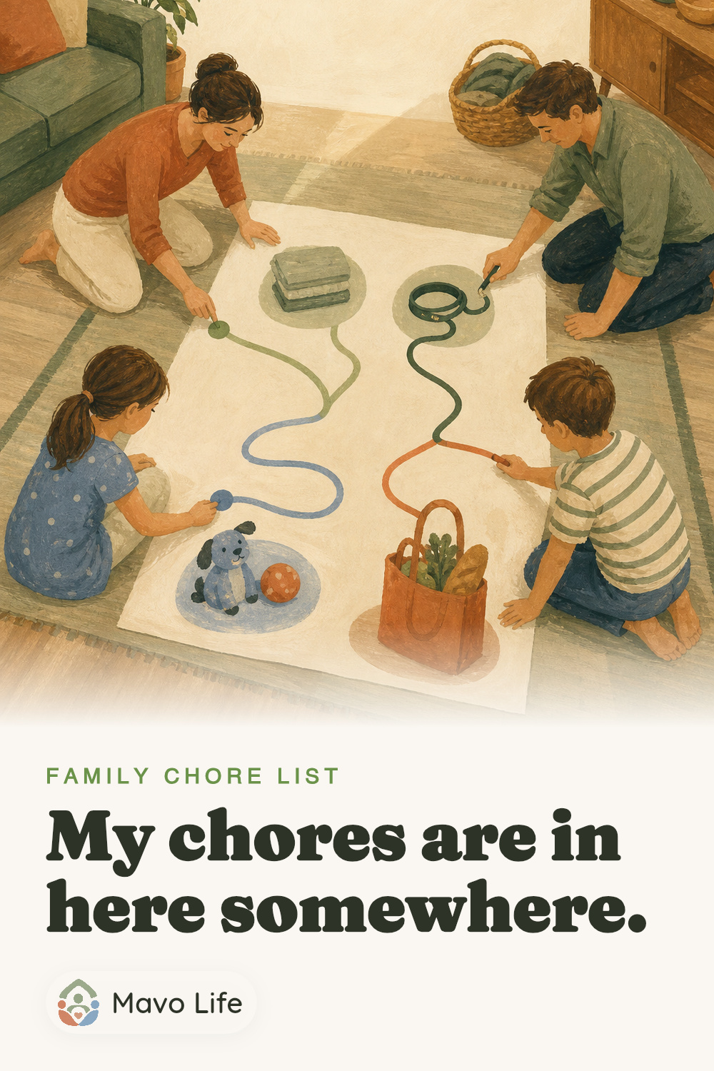 Four family members trace separate colored paths across a white sheet toward folded towels, a leash, toys, and a grocery bag. The image reads My chores are in here somewhere.
