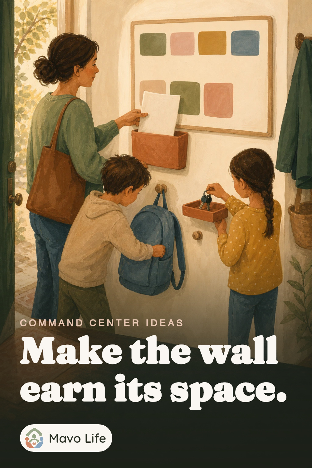 A family uses a wall command center as they arrive home: one child hangs a backpack, another places keys in a tray, and an adult puts a blank paper in a wall pocket. The image reads Make the wall earn its space.