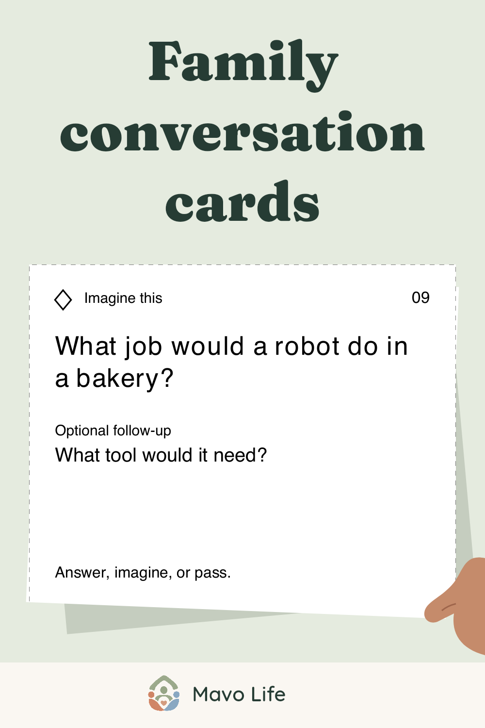 Family conversation cards, with a close-up of a real question and its optional follow-up.