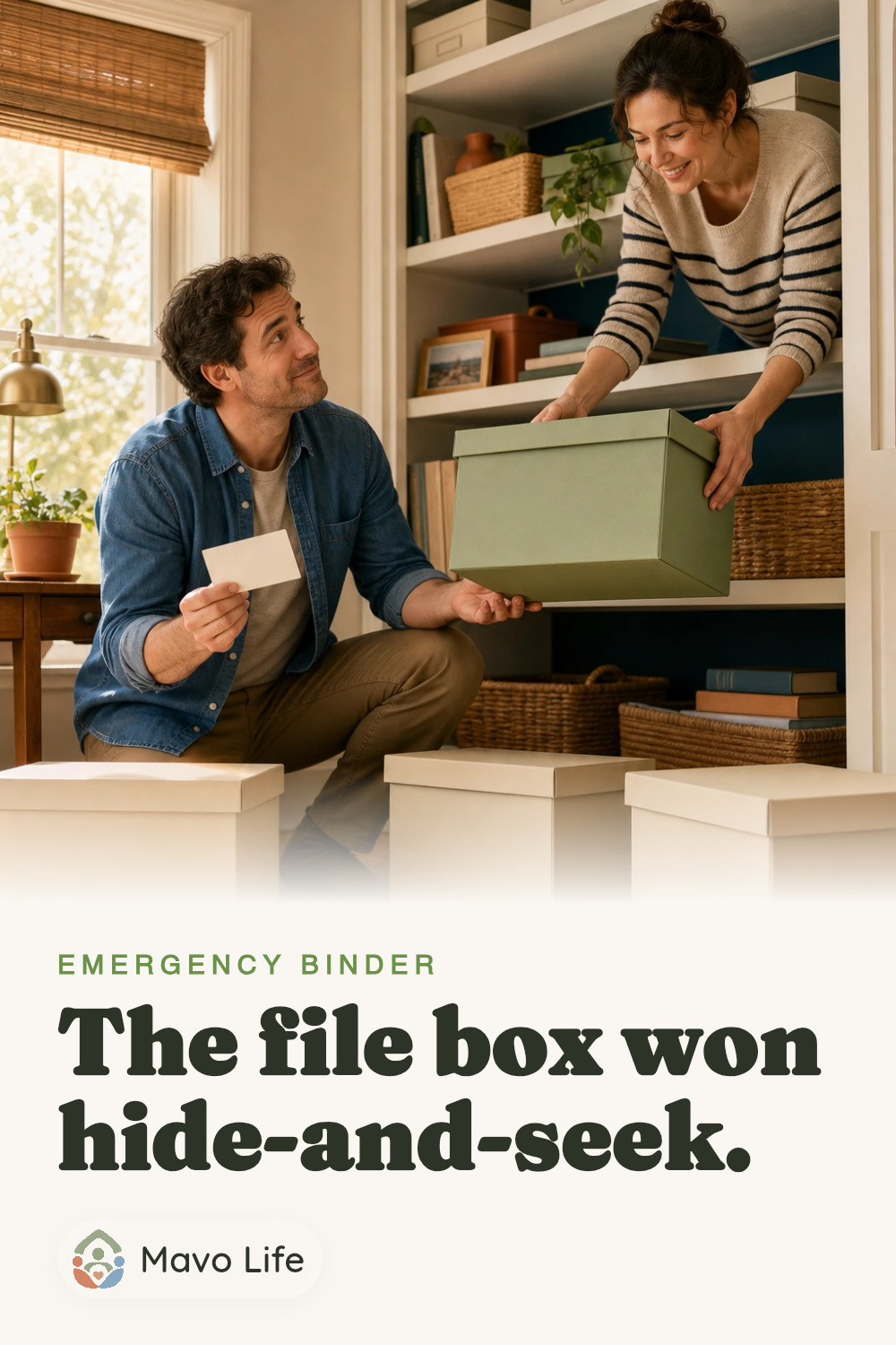 One adult holds a blank location card after searching three cream file boxes while another reaches down with the correct sage box. The image reads The file box won hide-and-seek.