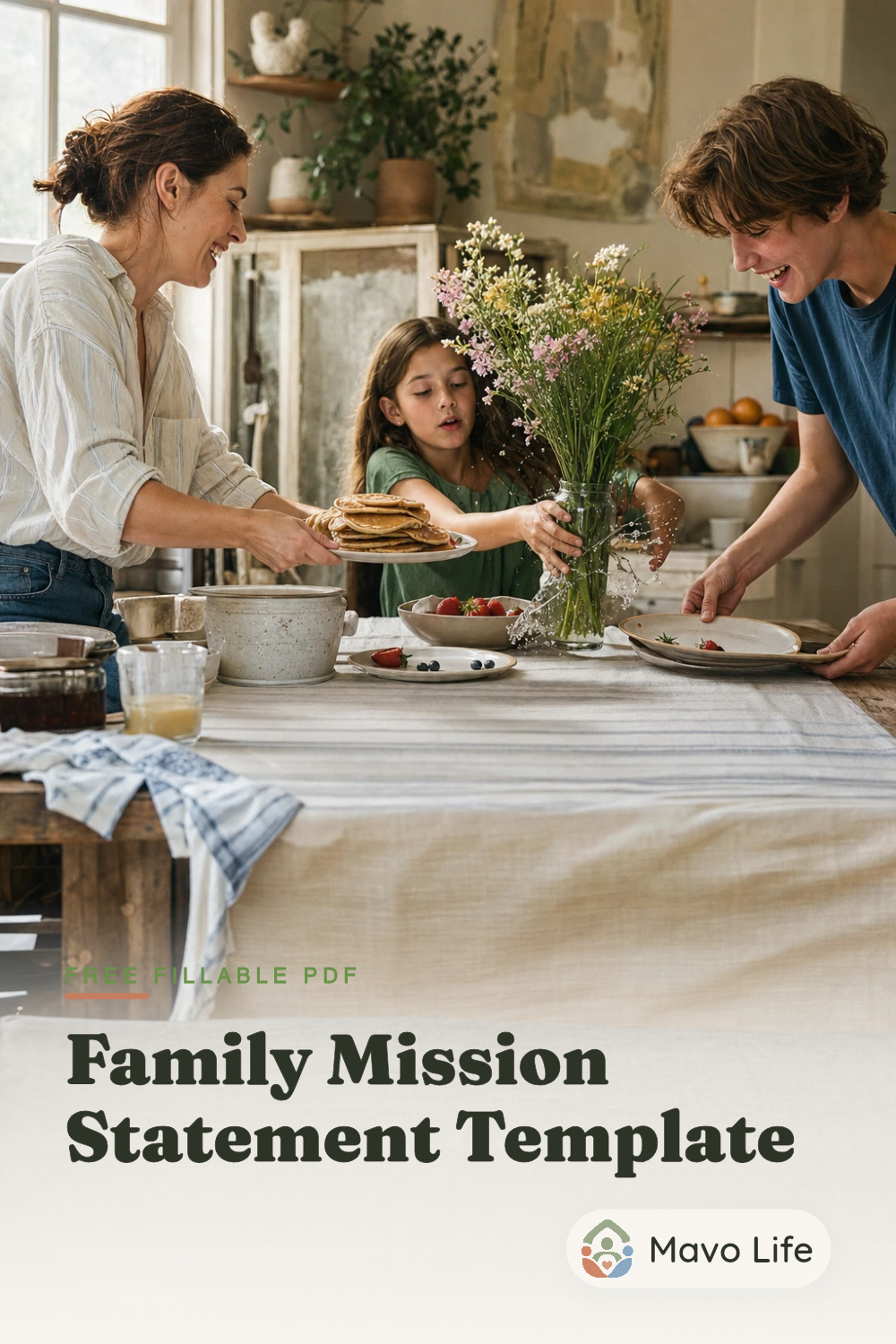 A family shares an imperfect weekend breakfast while one person steadies a tipping flower jar. The image reads Family Mission Statement Template.