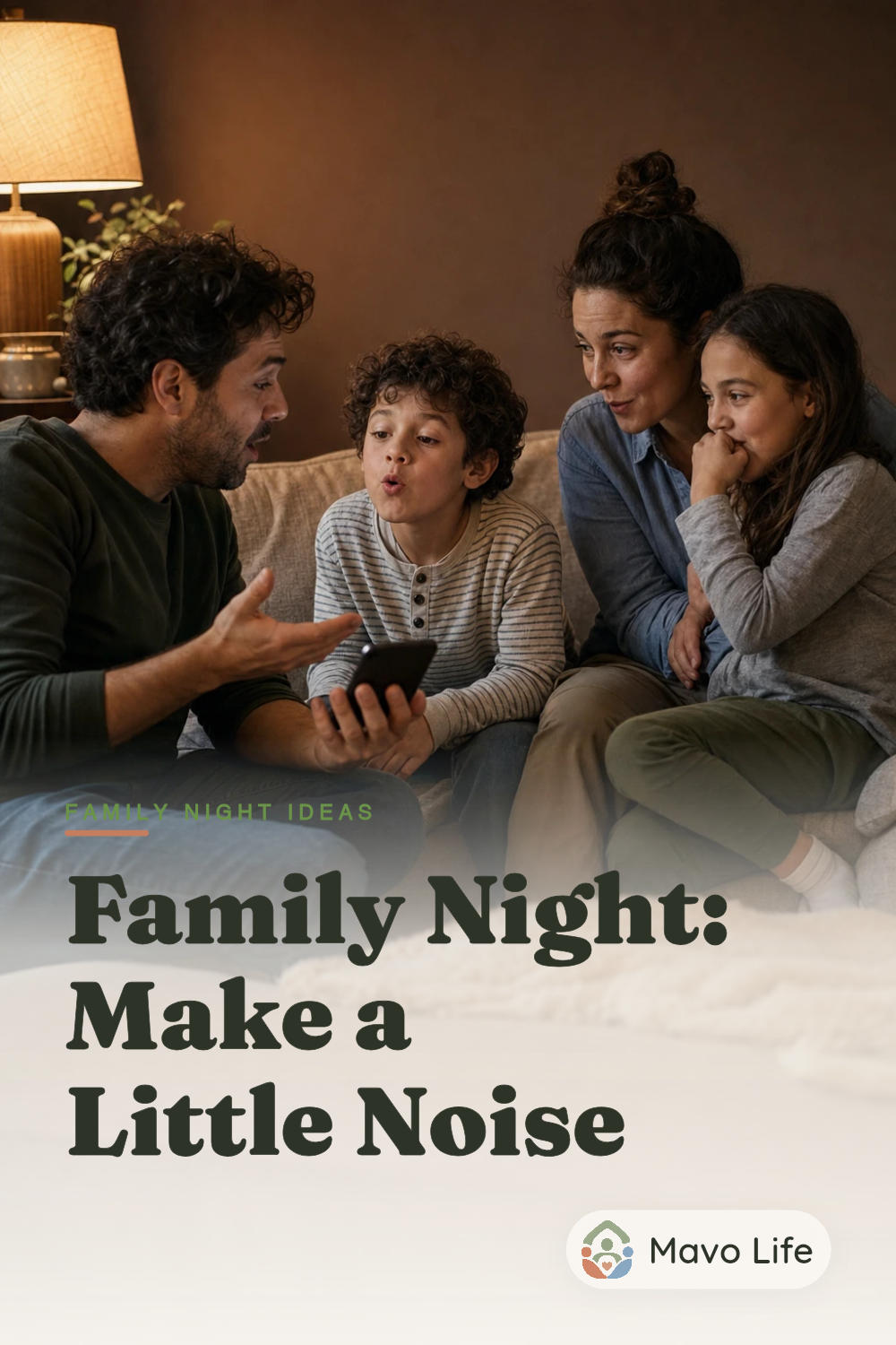 Illustrative AI-generated scene of a child making a mouth sound while a parent reads a tiny story and the other family members react on a sofa. The image reads Family Night: Make a Little Noise.
