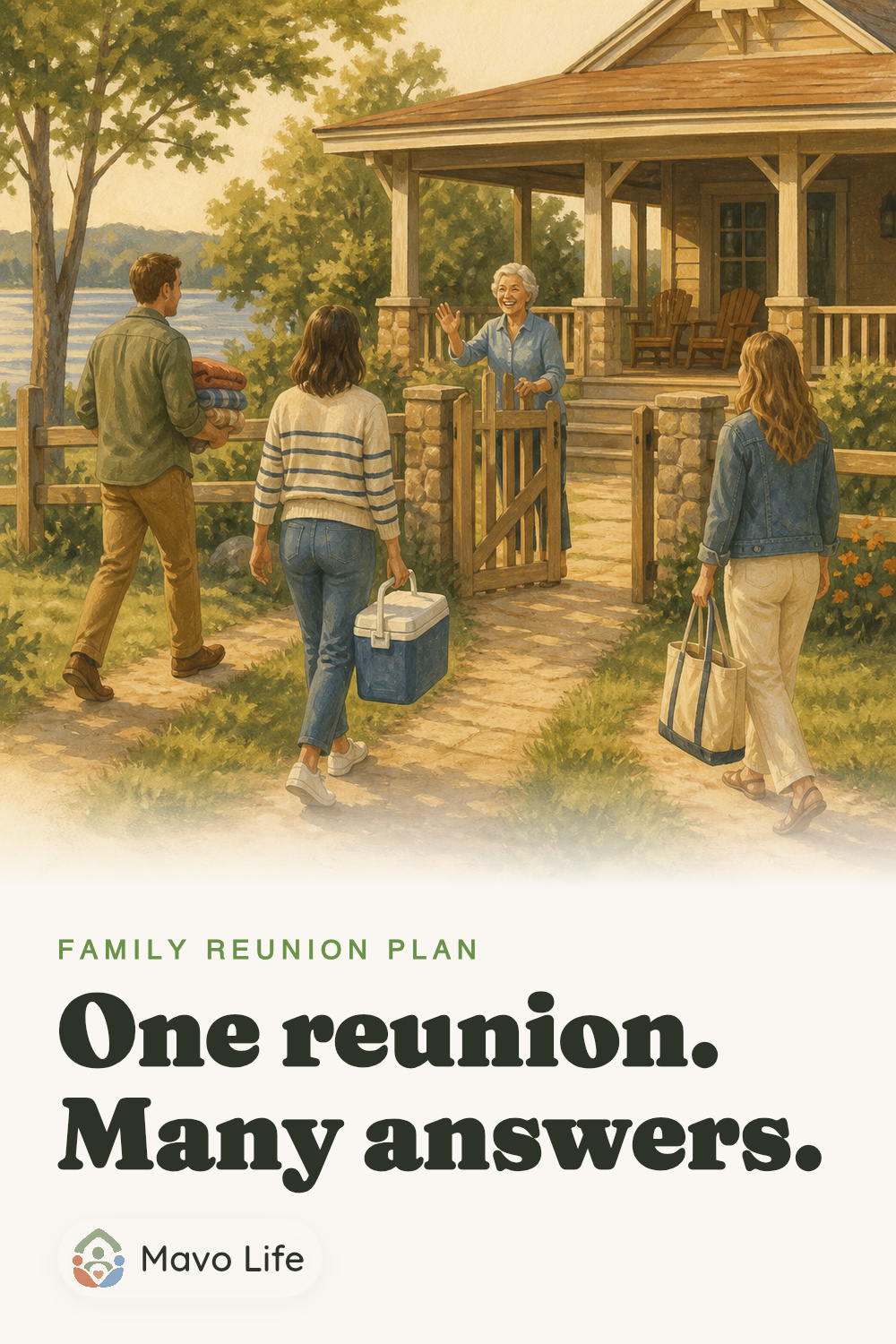 An older relative opens a lakeside lodge gate while three adult relatives arrive with blankets, a cooler, and a tote. The image reads ‘One reunion. Many answers.’