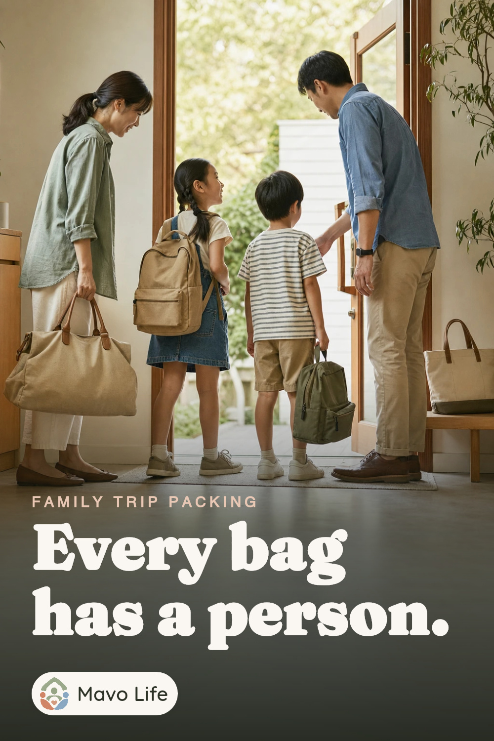 A family leaves through an open doorway carrying individual bags. The image reads Every bag has a person.