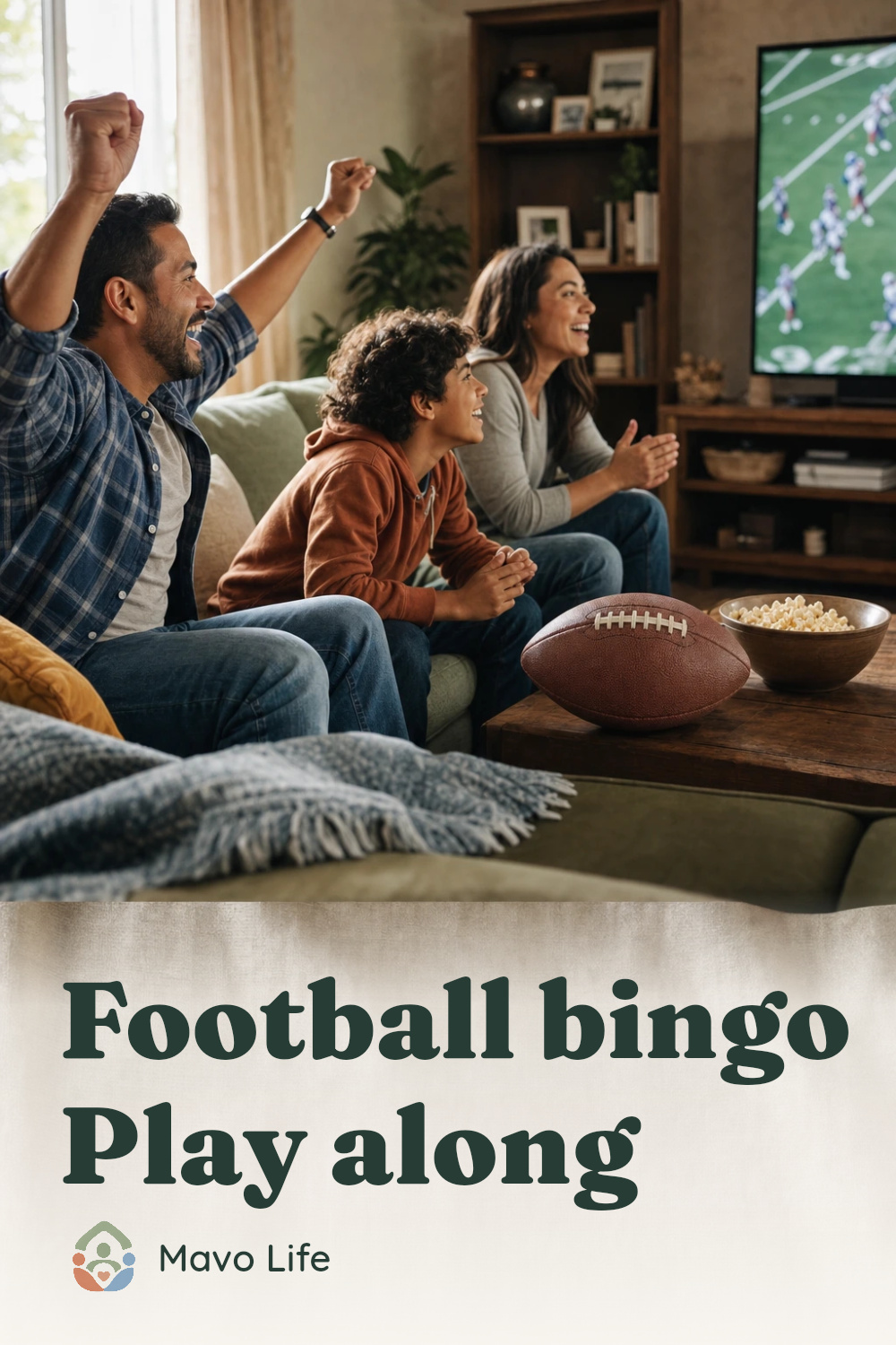 Illustrative family football-watching moment with a brown American football and the words Football bingo, Play along.