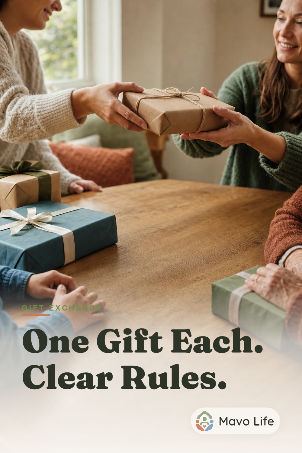 Hands pass a wrapped parcel across a home table with more gifts nearby. The image reads One Gift Each. Clear Rules.