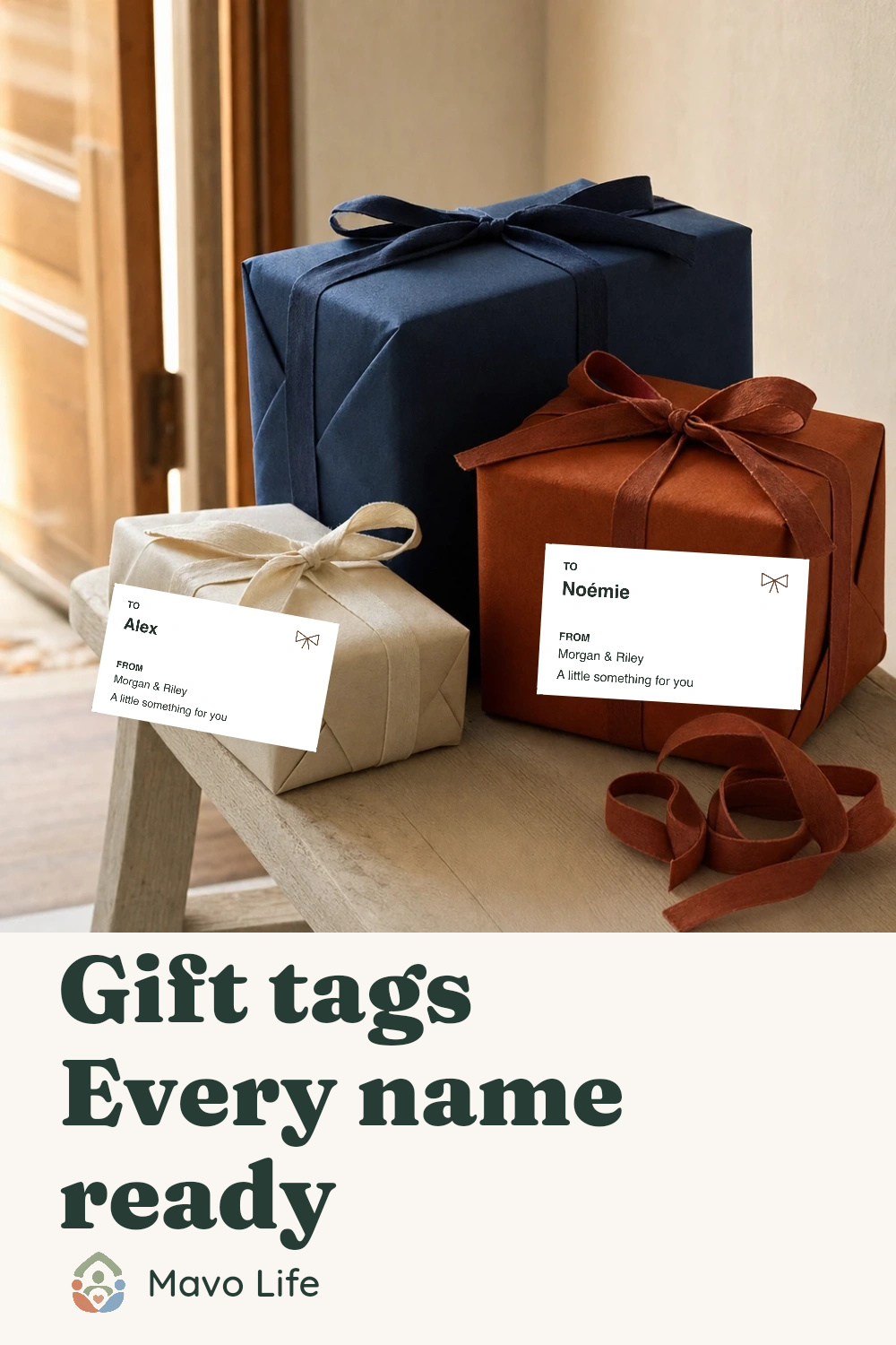Three wrapped gifts with actual sample To/From tags for Noémie and Alex placed on the parcel fronts. Text reads Gift tags, Every name ready.