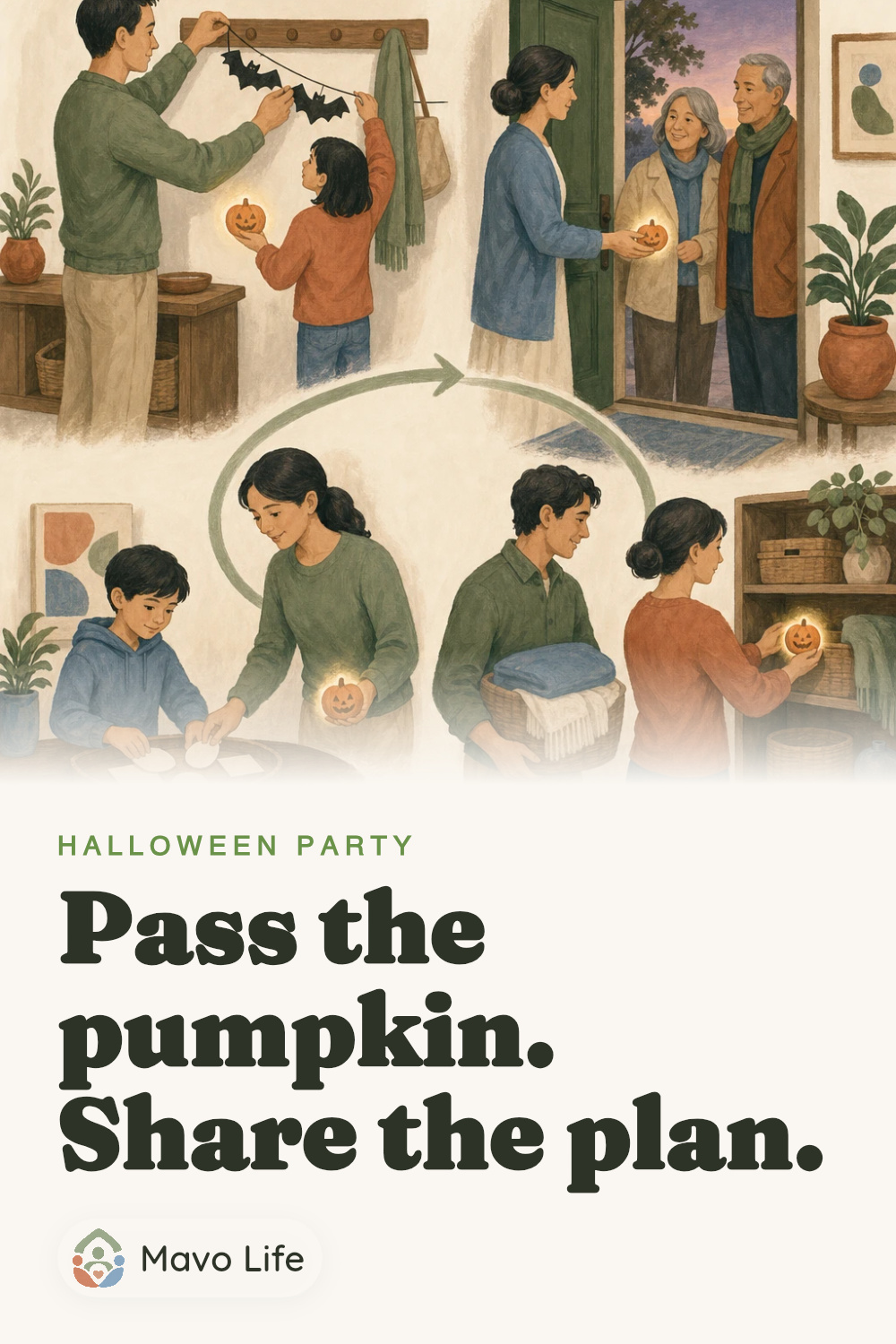 Four illustrated Halloween party moments pass a small pumpkin from setup to arrivals, activity reset, and closeout. The image reads Pass the pumpkin. Share the plan.