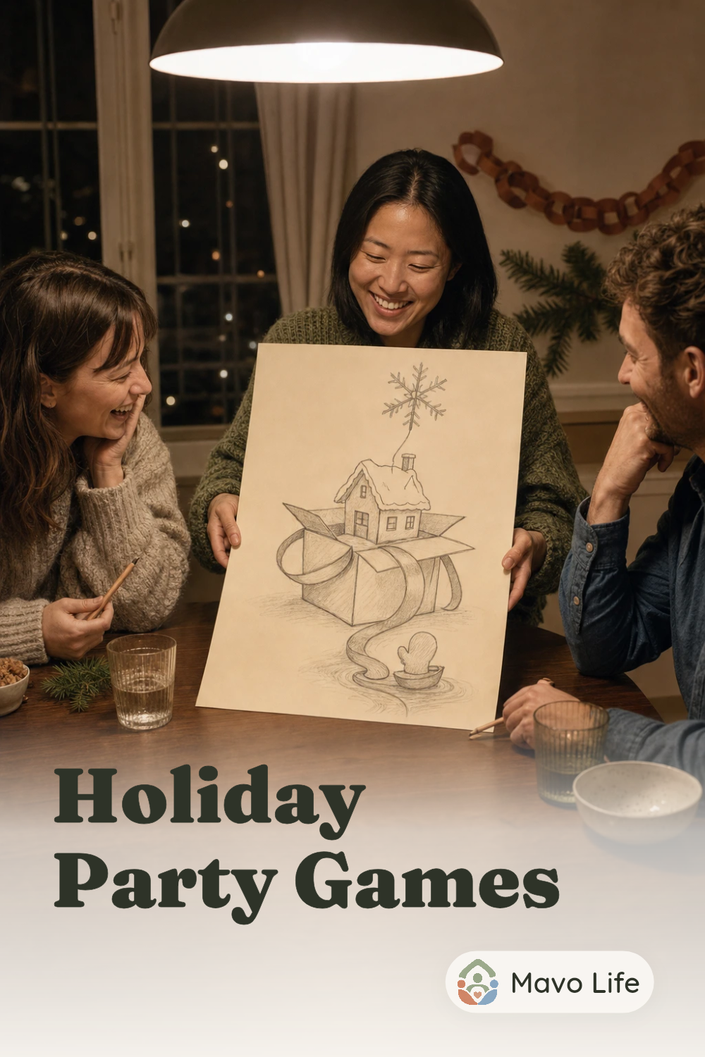 Guests share a pencil drawing of a winter house emerging from a gift box, with a ribbon river, mitten boat and snowflake balloon. The image reads Holiday Party Games.