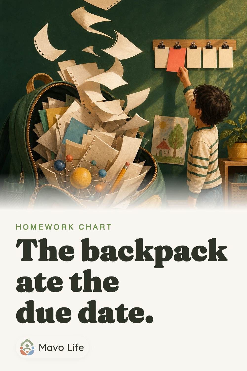 An enormous backpack overflows with school papers while a child rescues one coral homework card for a wall strip. The image reads The backpack ate the due date.