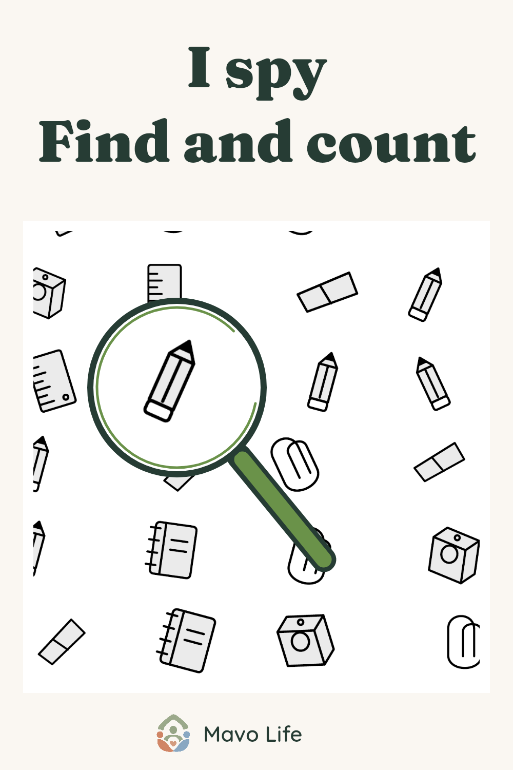 A magnifier enlarges one pencil in the original desk I Spy picture, beneath the words I spy, Find and count.