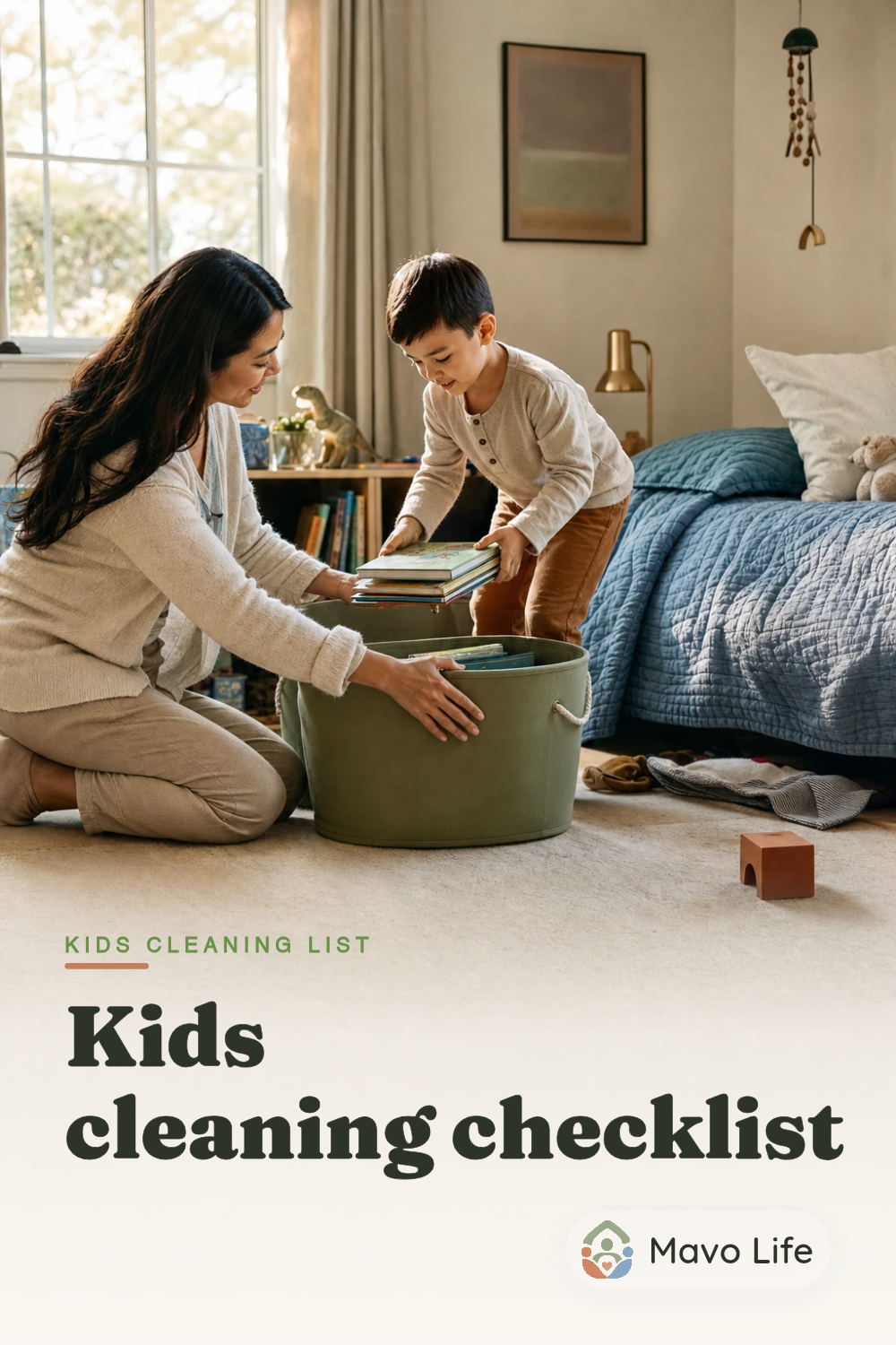 An older child returns a stack of books to a low sage basket while an adult steadies it in a sunny bedroom. The image reads Kids cleaning checklist.