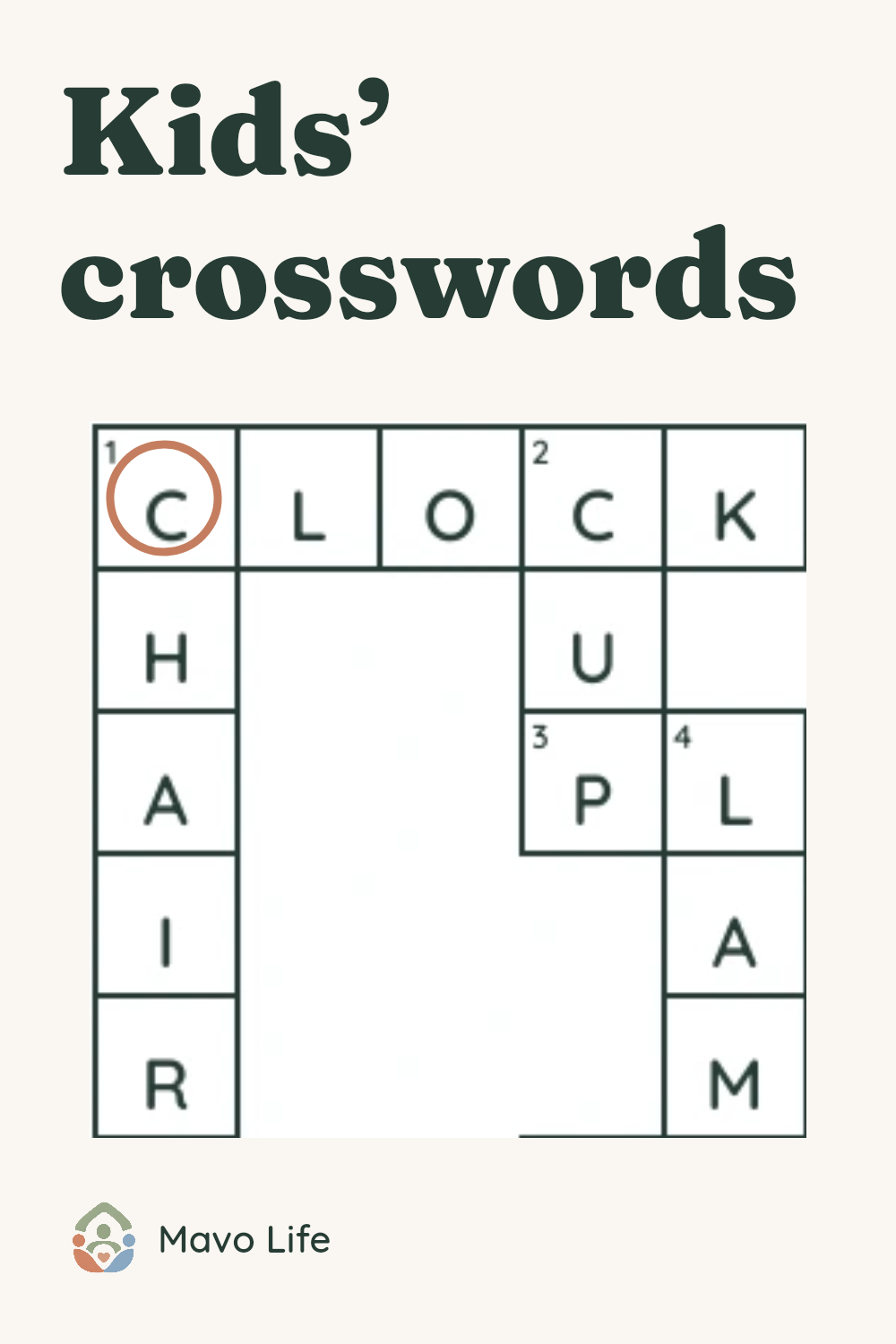 A close view of the actual CLOCK and CHAIR crossing, with their shared C circled and the words Kids’ crosswords.
