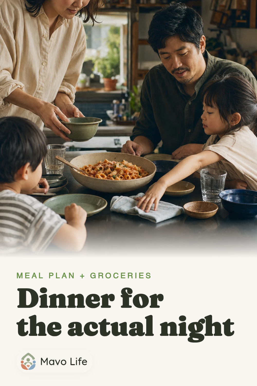 A hand sets a filled dinner plate beside cutlery at a family table. The image reads Dinner for the actual night.