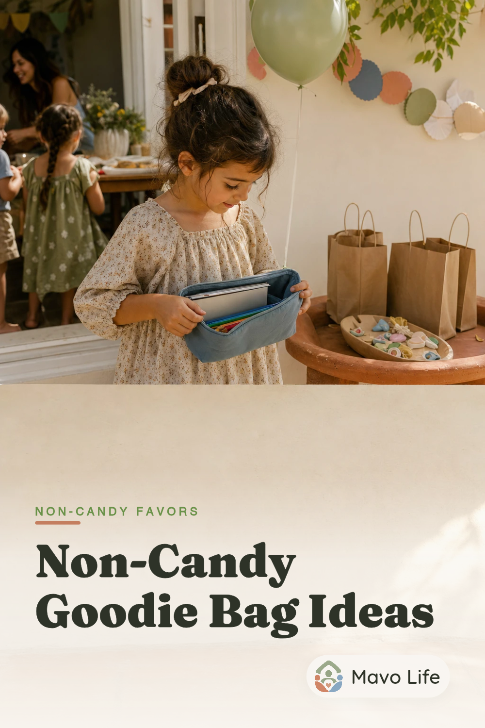 A child holds one drawing kit at a birthday party while loose trinkets sit behind them beneath the words Non-Candy Goodie Bag Ideas.