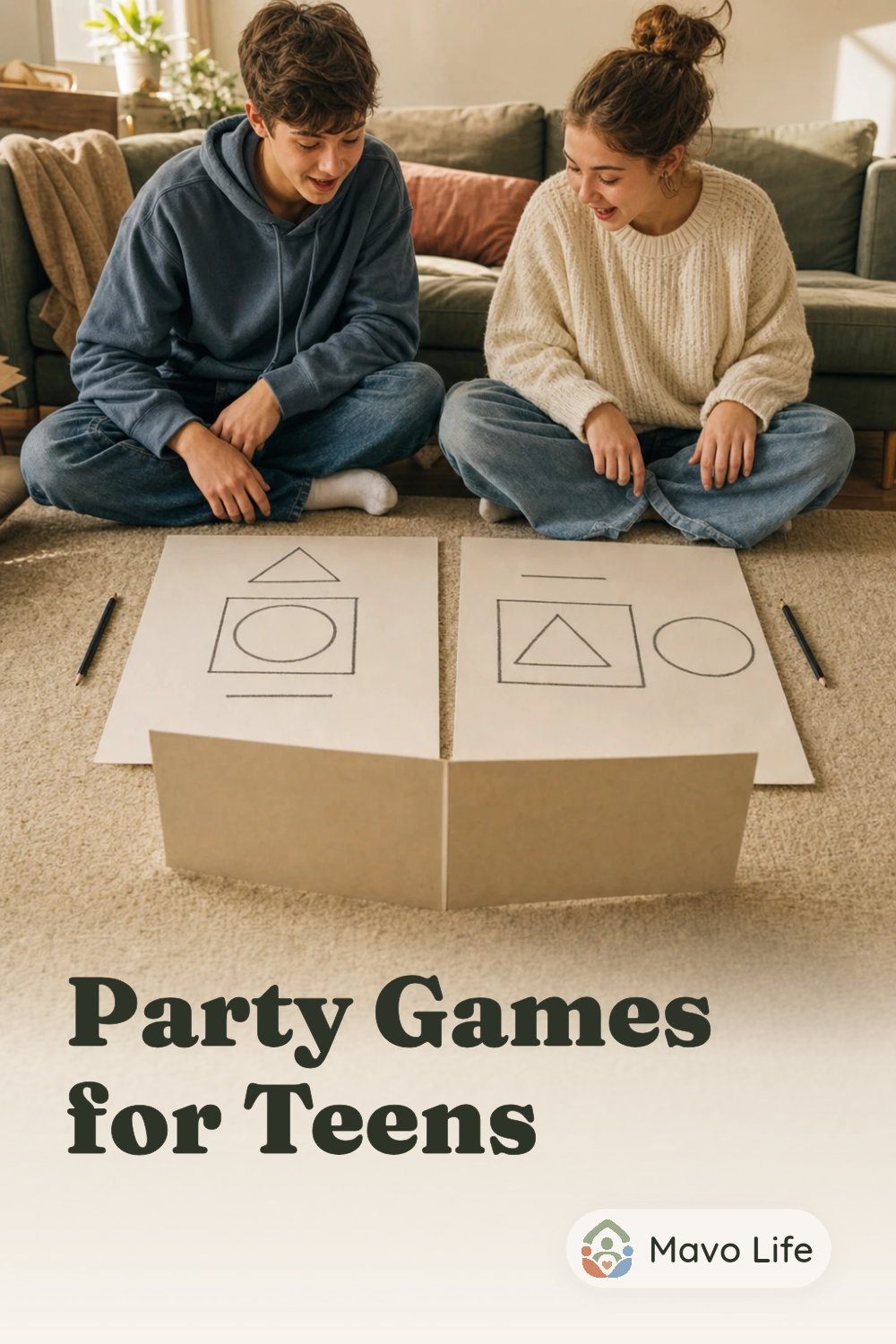 Illustrative scene of two teens comparing the same shapes drawn in different places after Screen Sketch. The image reads Party Games for Teens.