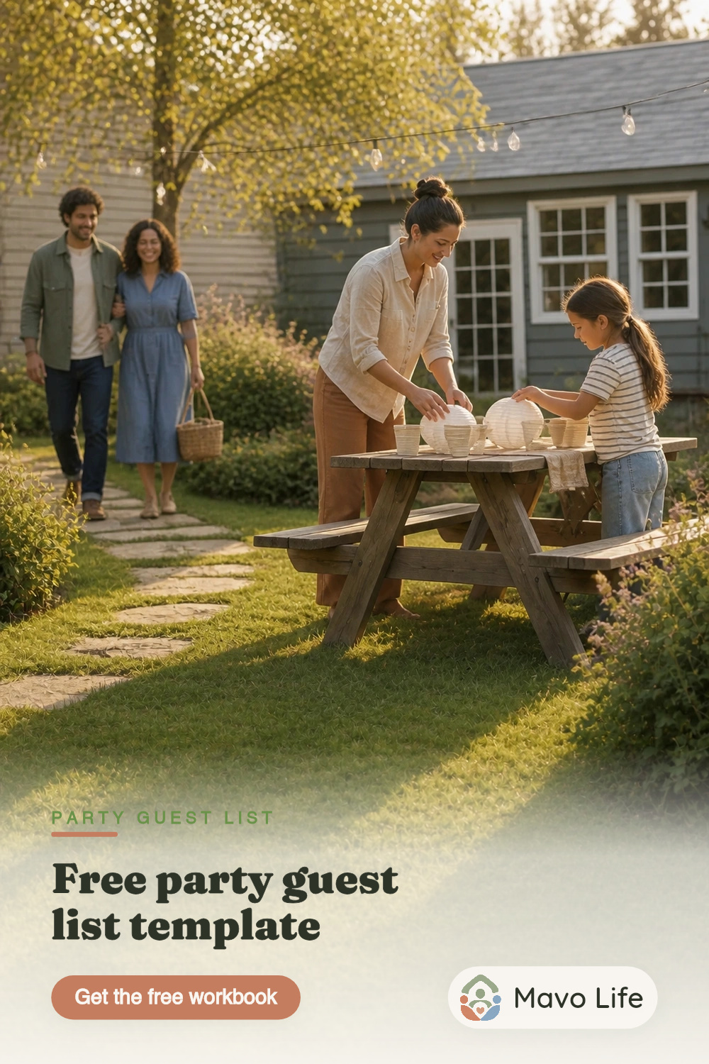 An adult opens a sunny backyard gate while a child carries paper lanterns toward a small party table. The image reads ‘Free party guest list template.’