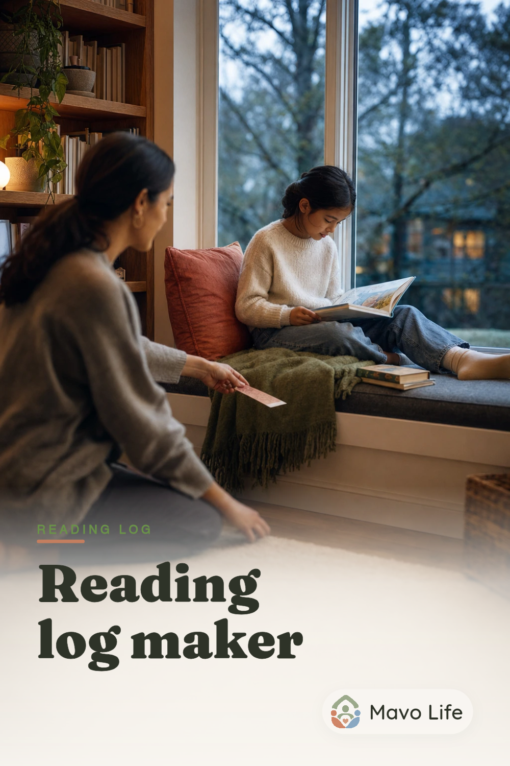 A child reads on a window bench with a stack of books and a soft blue quilt. The pin reads “A reading log that fits.”