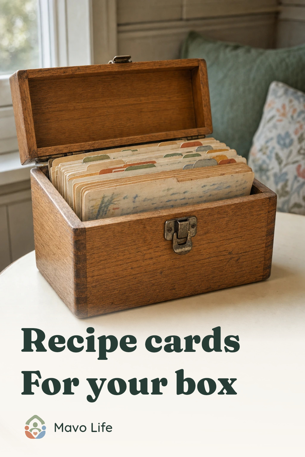 Illustrative open wooden recipe-card box with staggered used cards and the words Recipe cards, For your box.