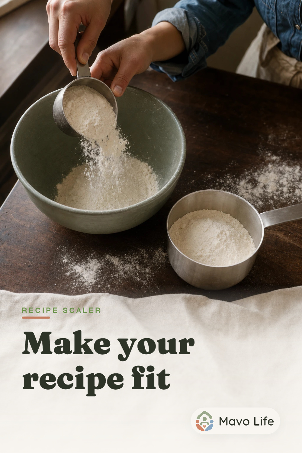 A person pours flour from a small metal measuring cup into a sage mixing bowl beside a larger cup. The caption reads Recipe Scaler, Make your recipe fit.