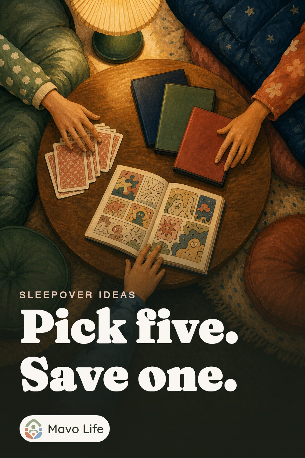 Three friends choose between playing cards, a handmade comic, and movie cases at a sleepover beneath the words Pick five. Save one.
