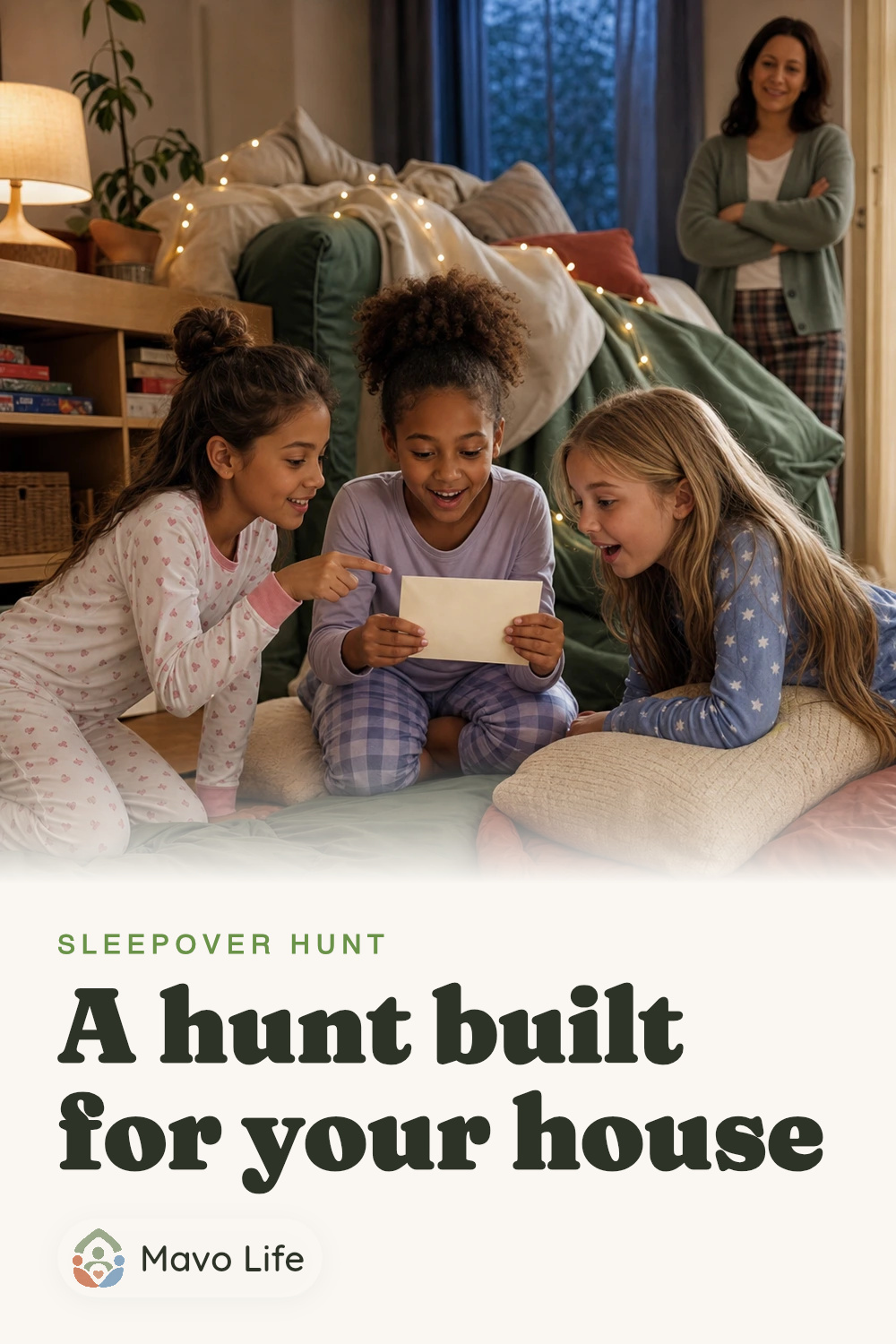 Three friends discover a blank clue together beside a pillow fort while an adult host watches from the room.