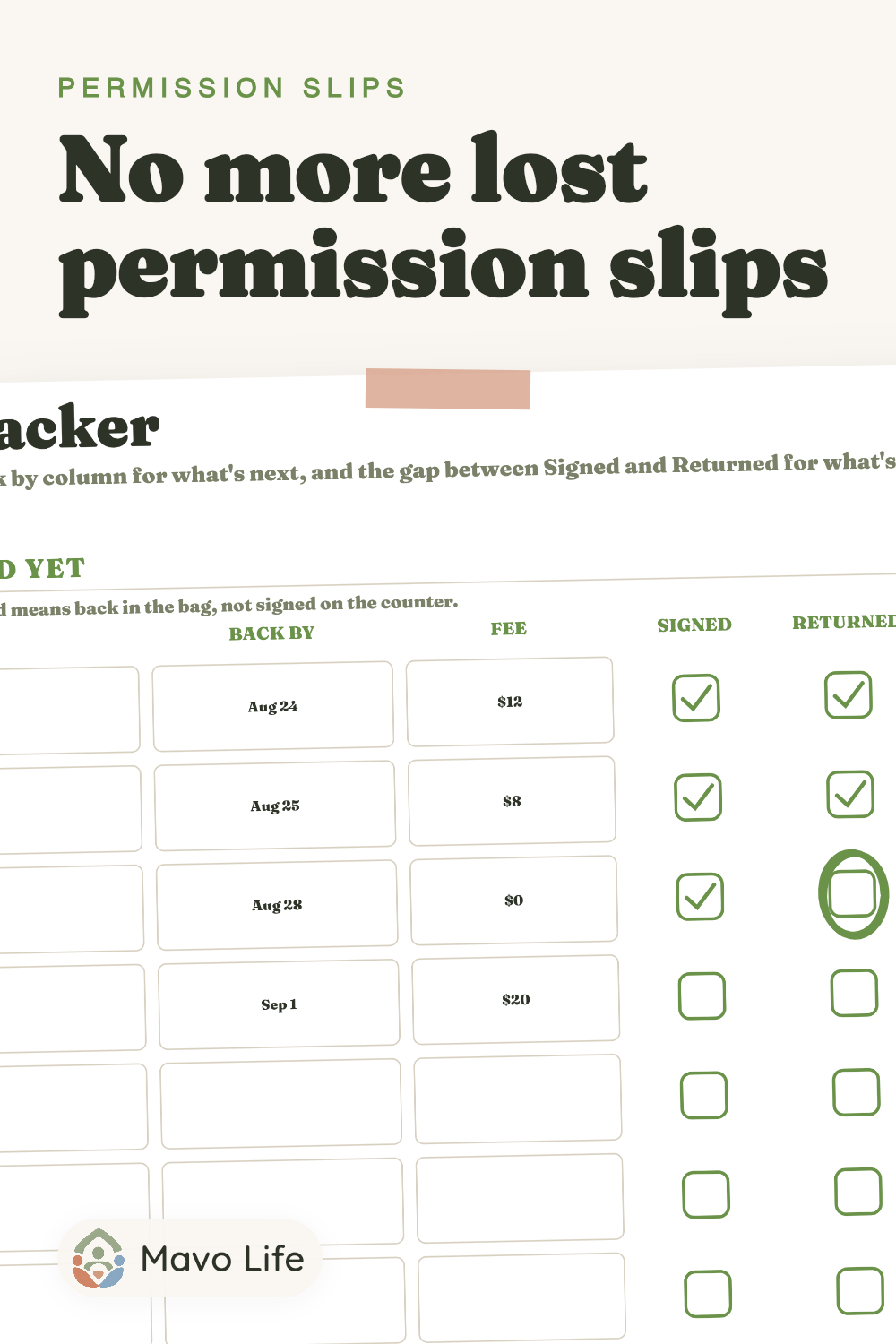Free printable permission slip tracker pin: a one-page grid with a row per slip and checkboxes for signed and returned, from mavolife.com.