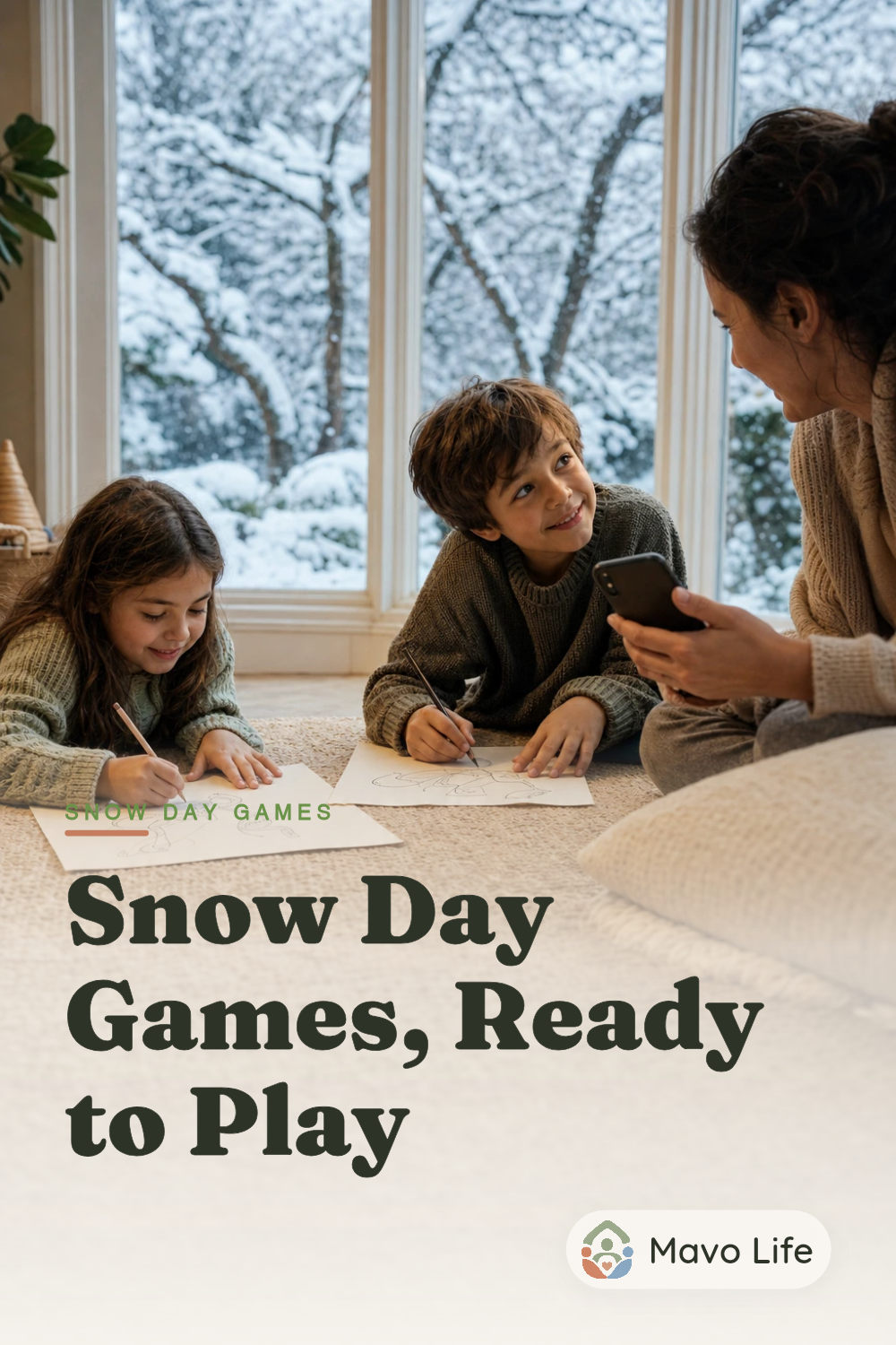 Illustrative AI-generated scene of two children drawing their own comics on a rug beside a snowy window while a parent reads a prompt. The image reads Snow Day Games, Ready to Play.