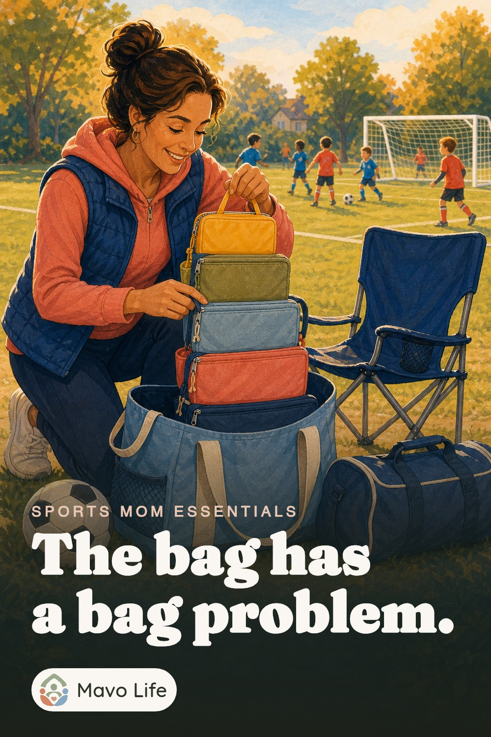 A cheerful sports tote beside a youth field opens into an exaggerated chain of neatly nested pouches. The image reads The bag has a bag problem.