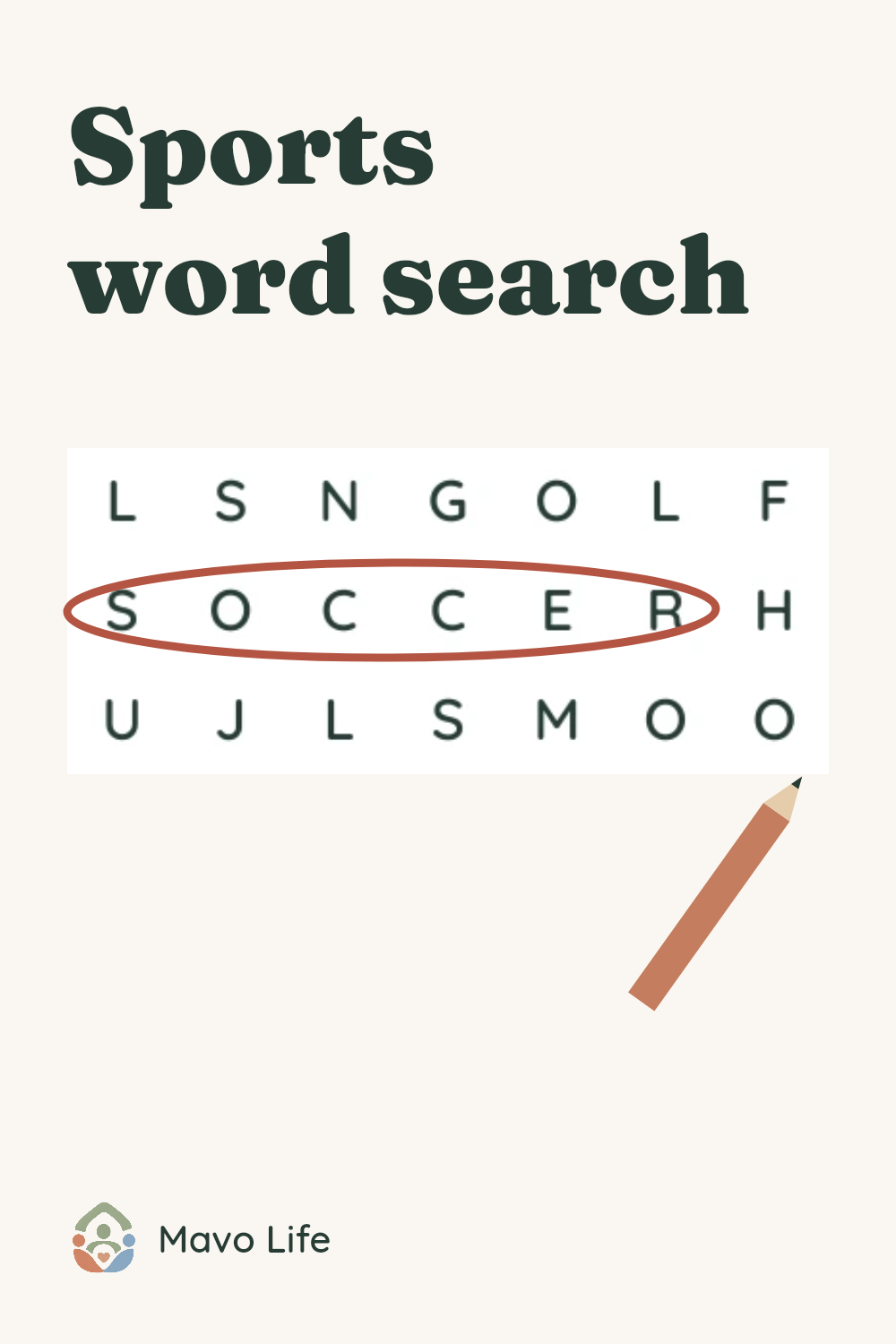 Actual easy sports puzzle crop with SOCCER circled, GOLF above, a pencil and the words Sports word search.