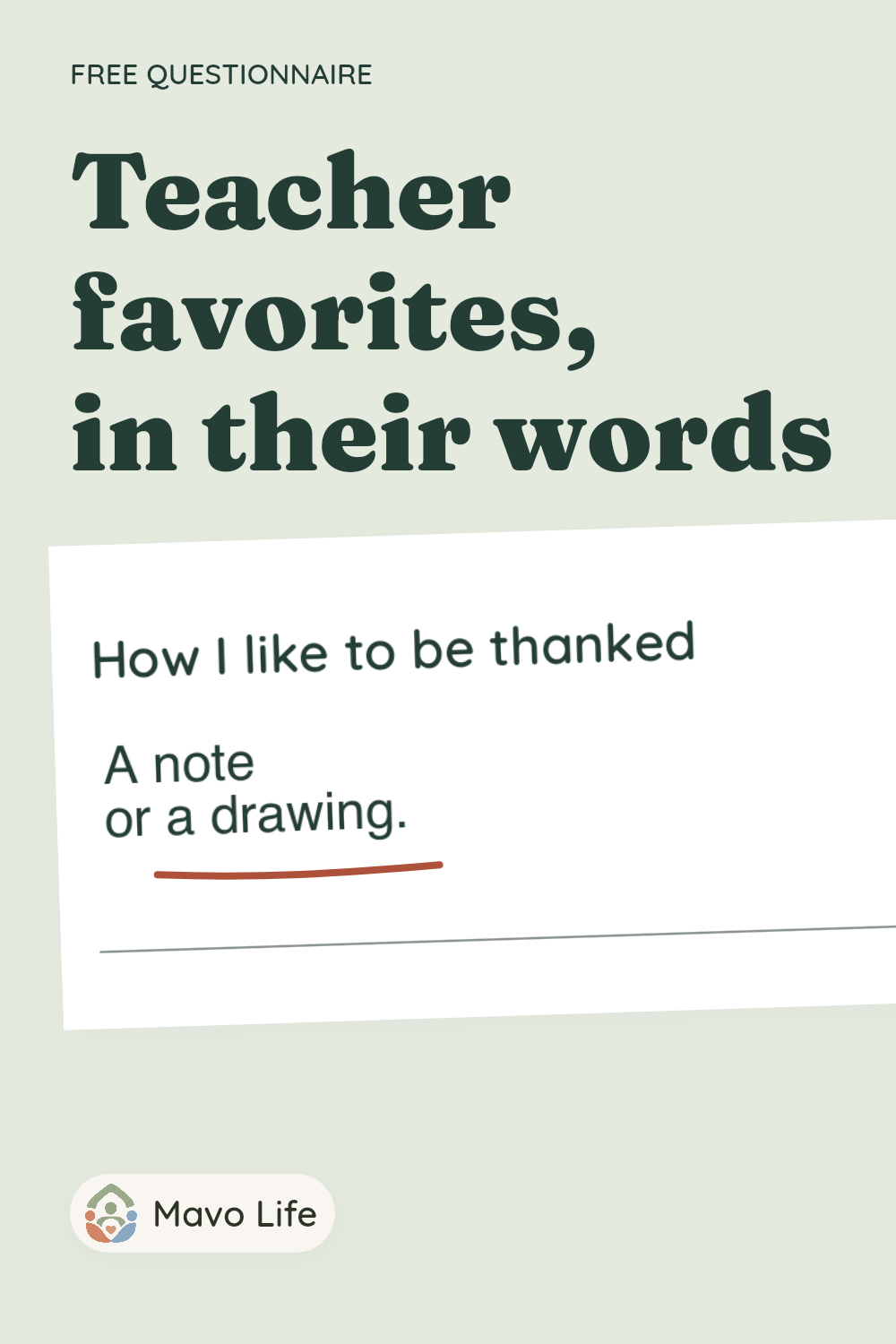 An enlarged fictional answer on the actual questionnaire reads A note or a drawing, with an underline beneath drawing. The heading reads Teacher favorites, in their words.