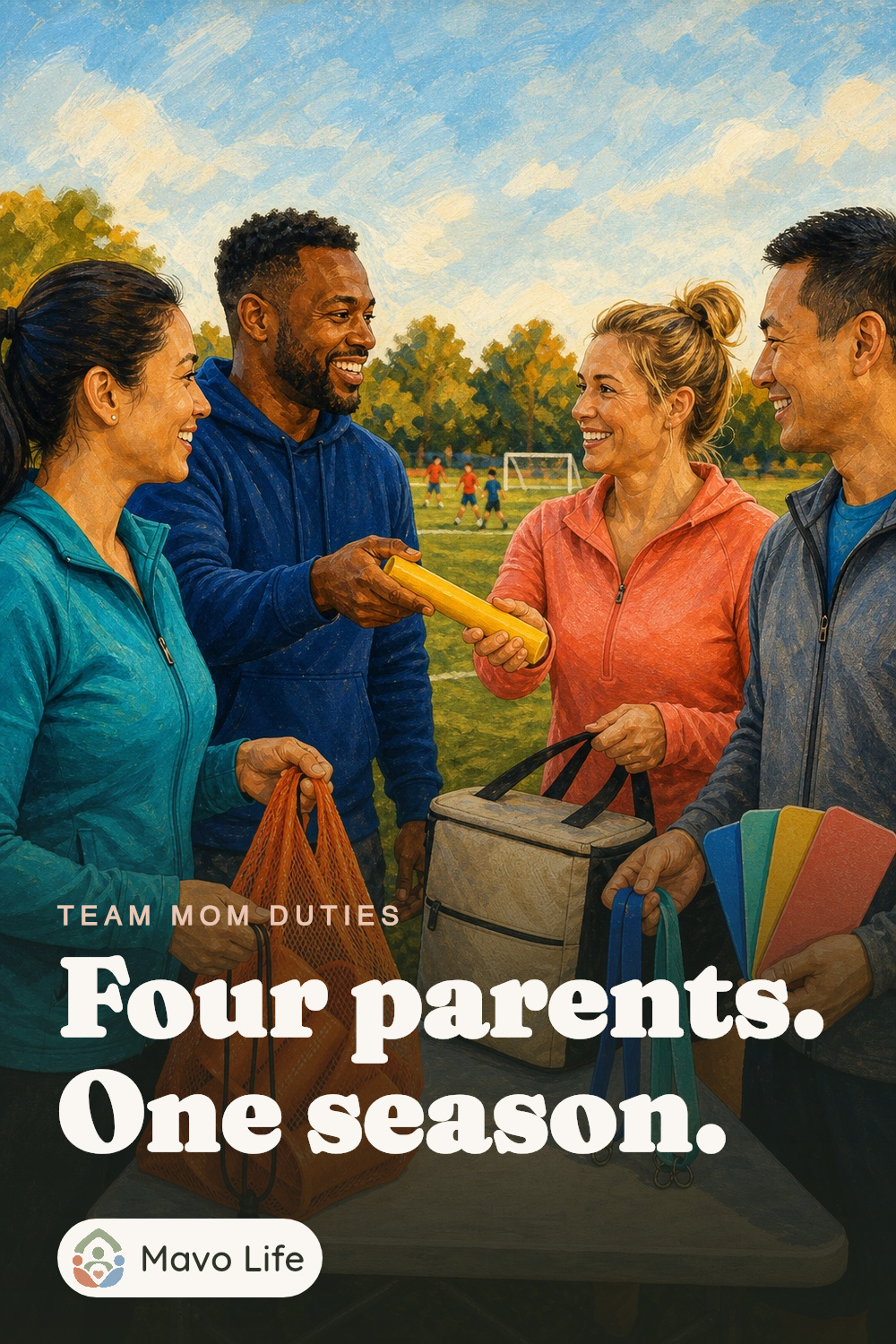 Four parent volunteers divide the field-side jobs while two pass a bright relay baton. The image reads Four parents. One season.