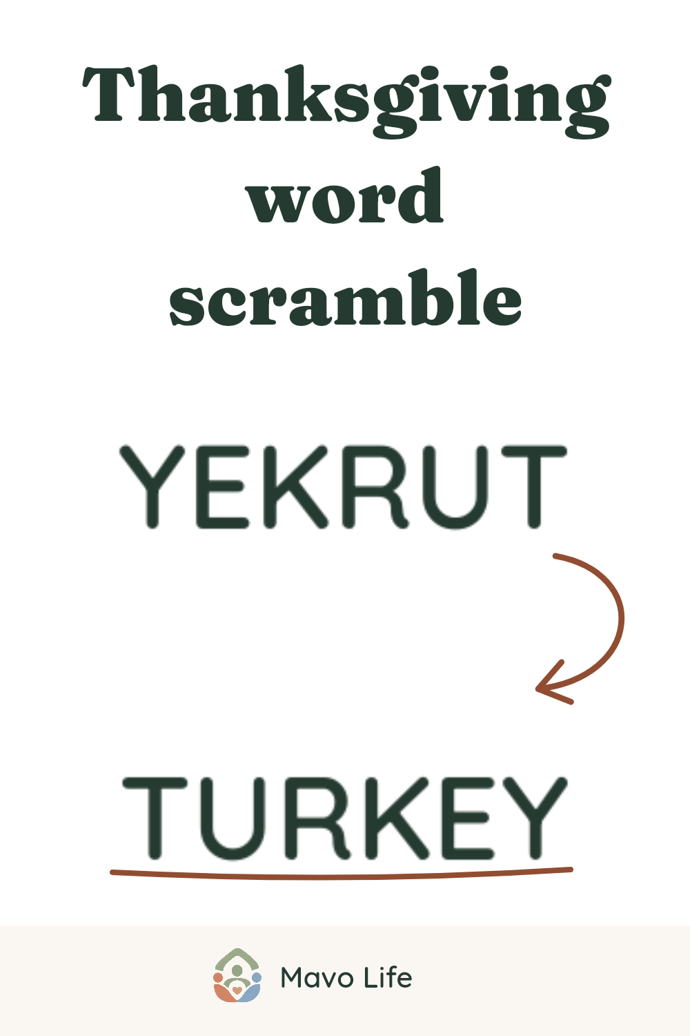 Thanksgiving word scramble: an enlarged example from the actual puzzle, with YEKRUT solved as TURKEY.