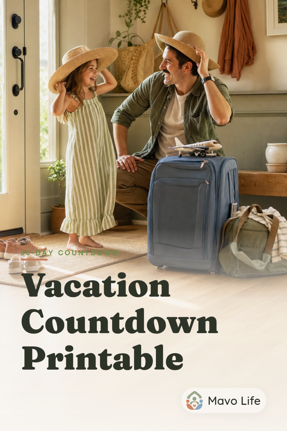 A child and adult try on sun hats beside travel bags and a toy airplane under the words Vacation Countdown Printable