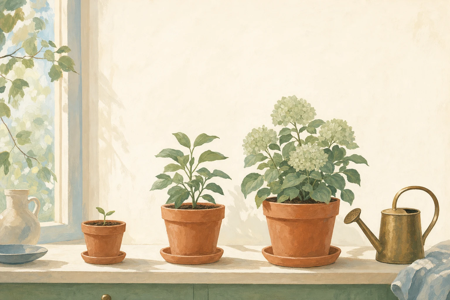 Three terracotta pots on a sunny windowsill, from a small sprout to a plant in full bloom, with a watering can beside them