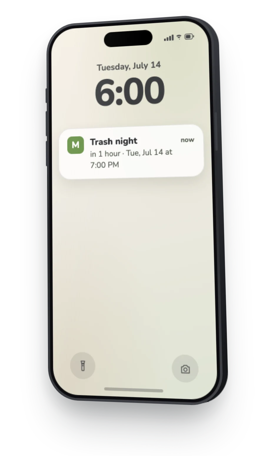 A Mavo reminder on a parent's phone for Trash night, due Tuesday at 7 PM