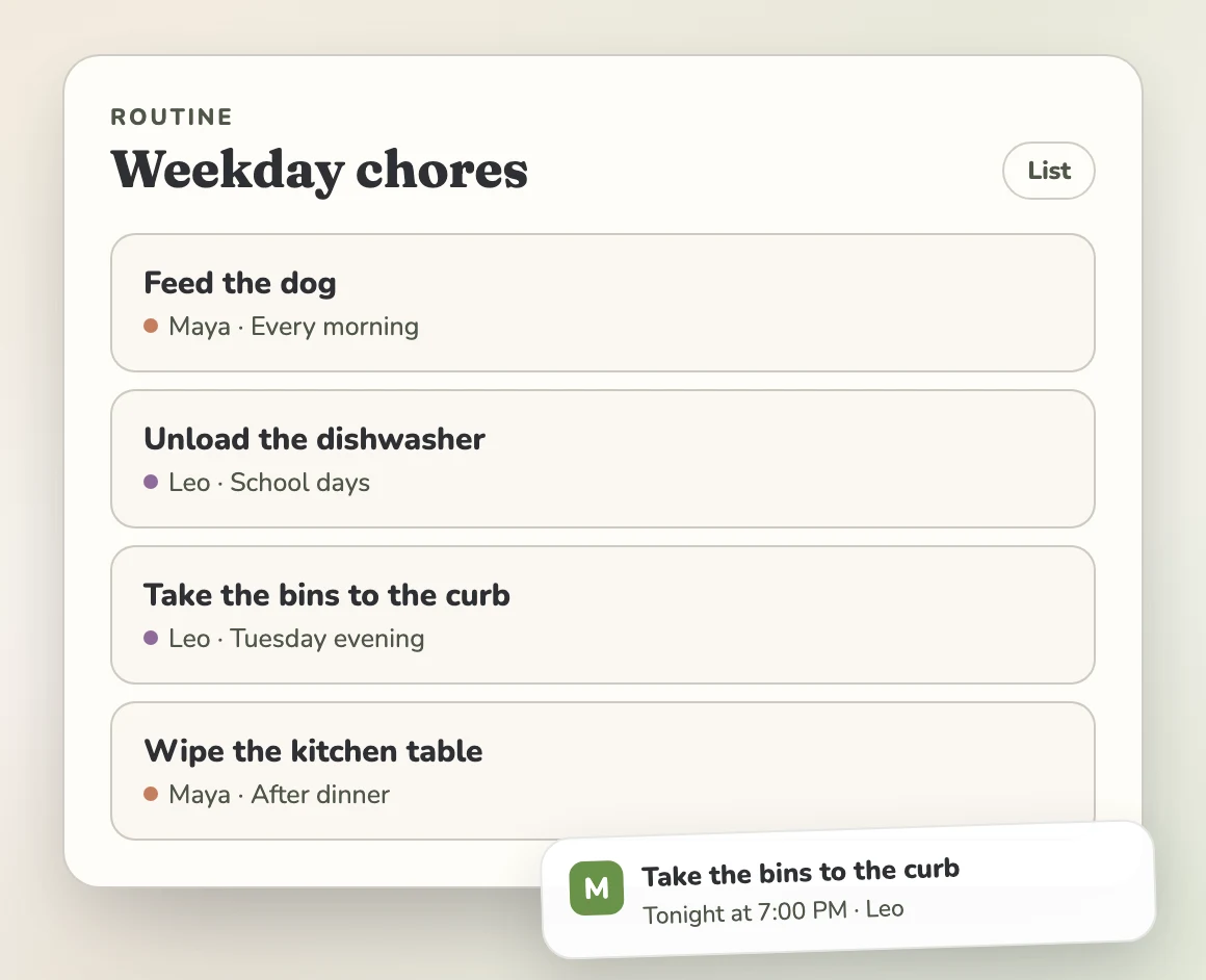 A Mavo routine called Weekday chores with rows for feeding the dog, unloading the dishwasher, and taking the bins to the curb