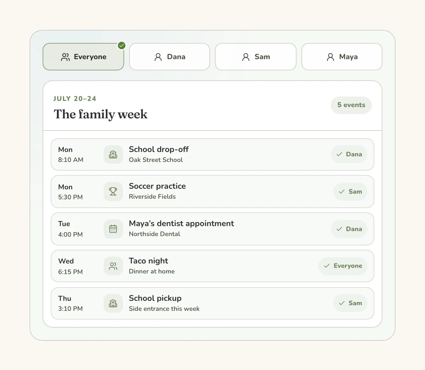 Shared family calendar product view