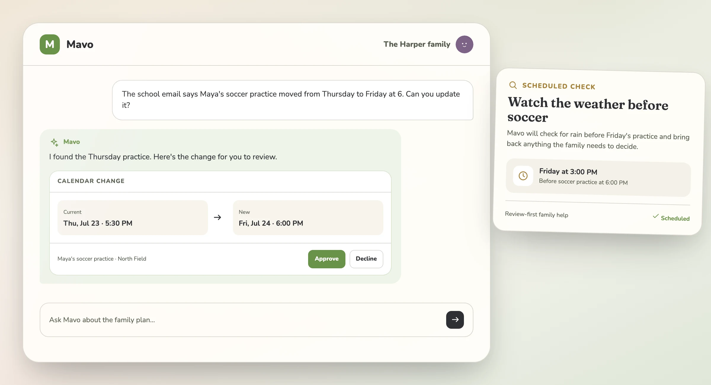 A Mavo conversation beside the family plan changes and weather check prepared from it