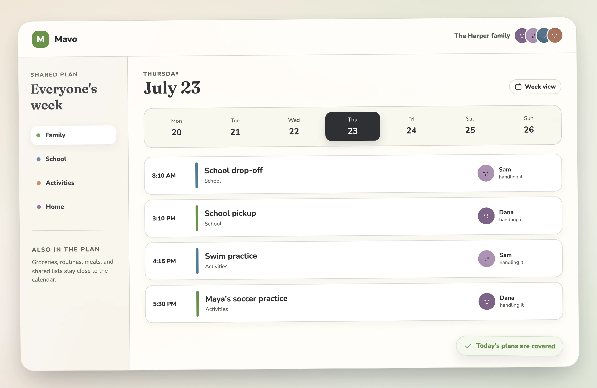 A Mavo family calendar showing school, work, sports, meals, and the person handling each event