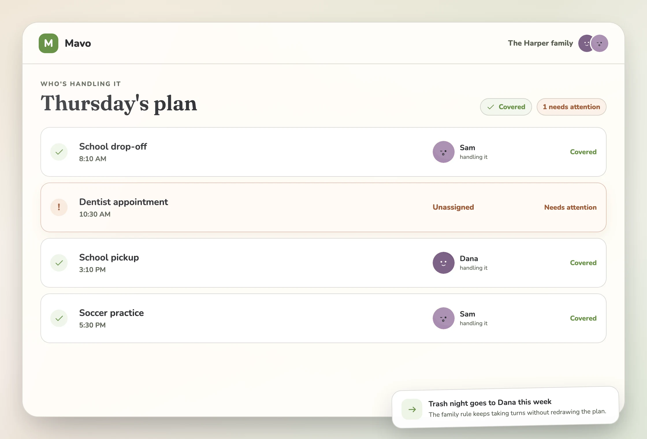 Mavo showing the family's covered events, items that need attention, and who is handling what