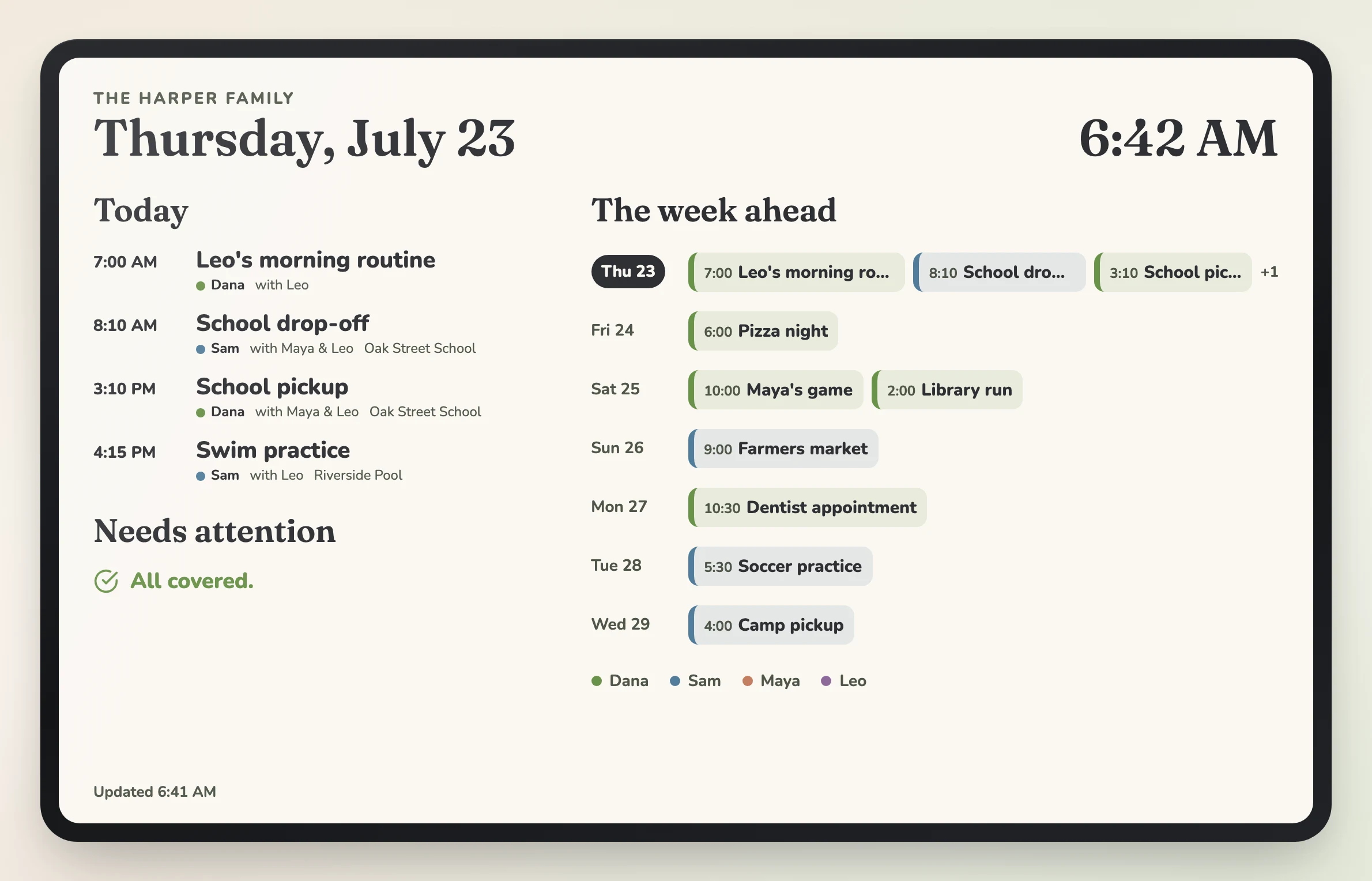 The Harper household Family Display showing Thursday, July 23, with today's events and responsible adults on the left and the next seven days in horizontal rows on the right